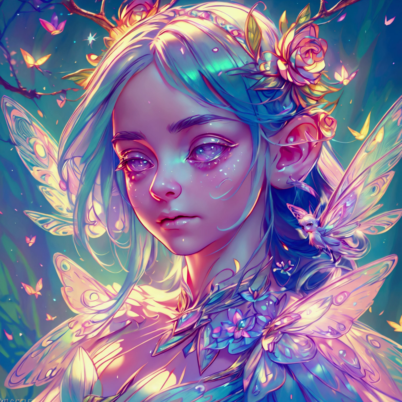 detailed fairy, 1 girl, fairy with rainbow wings, cute fairy, beautiful detailed face, beautiful detailed eyes, beautiful detailed mouth, long eyelashes, soft glowing skin, intricate colorful fairy wings, ethereal and magical, fantasy, (best quality,4k,8k,highres,masterpiece:1.2),ultra-detailed,(realistic,photorealistic,photo-realistic:1.37),vibrant colors, dreamy lighting, cinematic lighting, highly detailed, digital painting, concept art