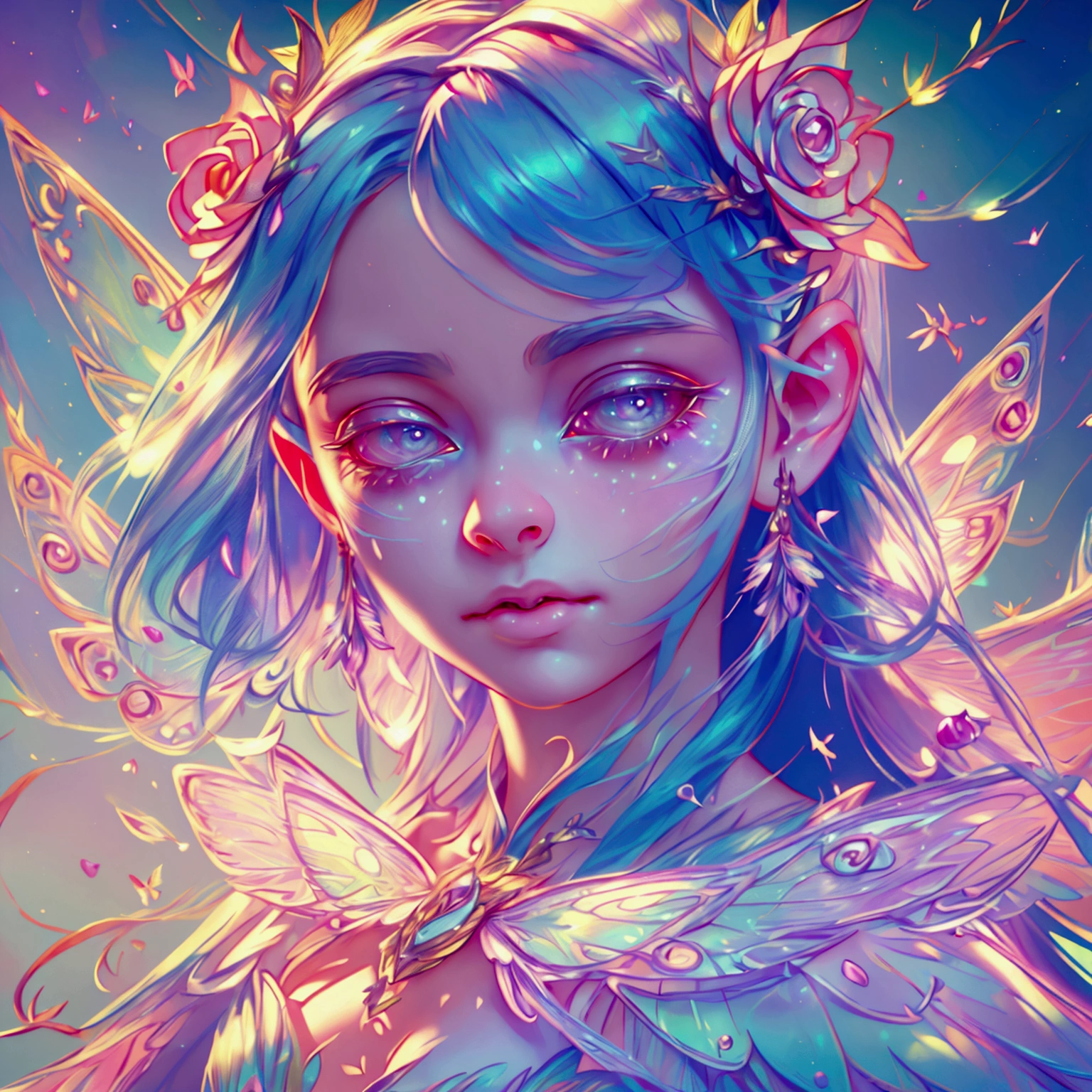 detailed fairy, 1 girl, fairy with rainbow wings, cute fairy, beautiful detailed face, beautiful detailed eyes, beautiful detailed mouth, long eyelashes, soft glowing skin, intricate colorful fairy wings, ethereal and magical, fantasy, (best quality,4k,8k,highres,masterpiece:1.2),ultra-detailed,(realistic,photorealistic,photo-realistic:1.37),vibrant colors, dreamy lighting, cinematic lighting, highly detailed, digital painting, concept art