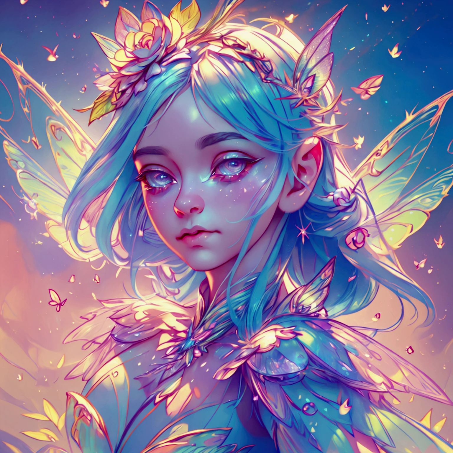 detailed fairy, 1 girl, fairy with rainbow wings, cute fairy, beautiful detailed face, beautiful detailed eyes, beautiful detailed mouth, long eyelashes, soft glowing skin, intricate colorful fairy wings, ethereal and magical, fantasy, (best quality,4k,8k,highres,masterpiece:1.2),ultra-detailed,(realistic,photorealistic,photo-realistic:1.37),vibrant colors, dreamy lighting, cinematic lighting, highly detailed, digital painting, concept art