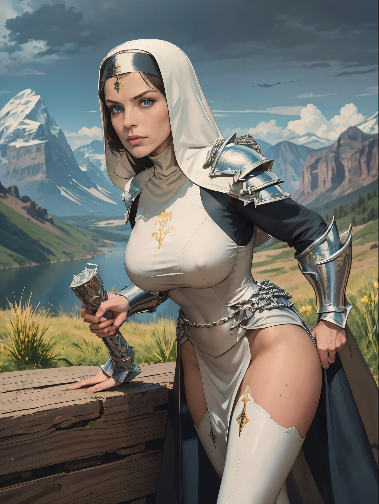 (masterpiece, top quality, best quality, official art, beautiful and aesthetic:1.2), (1girl:1.3), ((Sharp facial features, sharp features, hawkish features)), ((blue eyes)), busty paladin knight girl, extremely detailed, portrait, looking at viewer, solo, (full body:0.6), detailed background, full-body shot, (warm mountain meadow theme:1.1), holy knight, (nun), charlatan, smirk, mysterious, swaying in mountains, armor, polished metal, gold trim, long boots, white fabric, pelvic curtain, robe, pale leather, ((((nun, holy aura, corona, mace, heavy armor, armored, long legs, pelvic curtain, toned, muscular, chainmail)))), slim waist, slim hips, long legs, medieval (mountain exterior:1.1) background, dark mysterious lighting, shadows, magical atmosphere, dutch angle