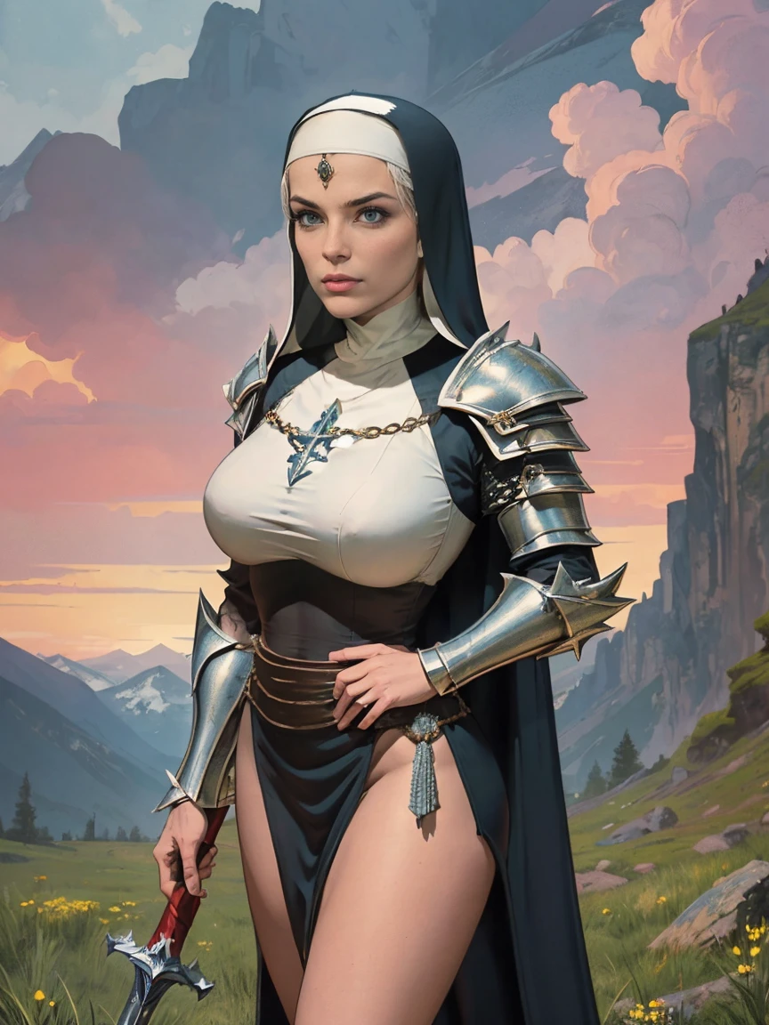 (masterpiece, top quality, best quality, official art, beautiful and aesthetic:1.2), (1girl:1.3), ((Sharp facial features, sharp features, hawkish features)), ((blue eyes)), busty paladin knight girl, extremely detailed, portrait, looking at viewer, solo, (full body:0.6), detailed background, full-body shot, (warm mountain meadow theme:1.1), holy knight, (nun), charlatan, smirk, mysterious, swaying in mountains, armor, polished metal, gold trim, long boots, white fabric, pelvic curtain, robe, pale leather, ((((nun, holy aura, corona, mace, heavy armor, armored, long legs, pelvic curtain, toned, muscular, chainmail)))), slim waist, slim hips, long legs, medieval (mountain exterior:1.1) background, dark mysterious lighting, shadows, magical atmosphere, dutch angle