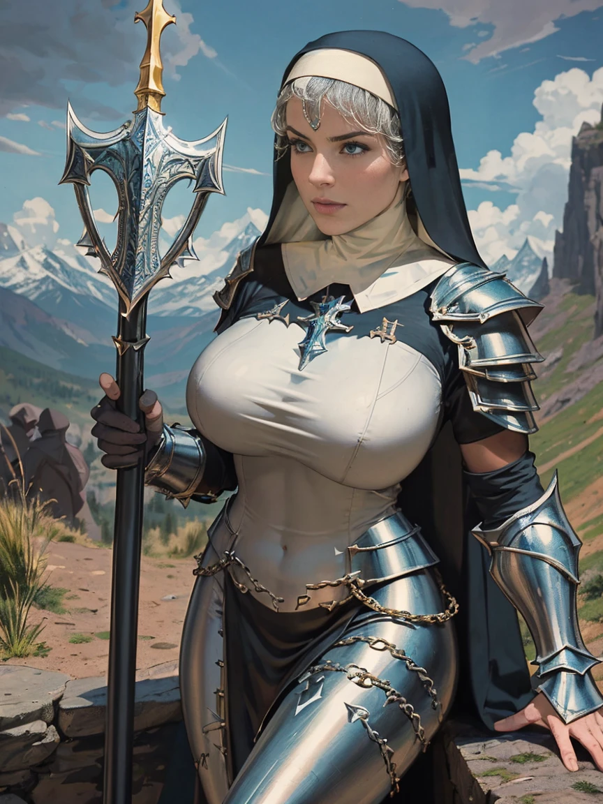 (masterpiece, top quality, best quality, official art, beautiful and aesthetic:1.2), (1girl:1.3), ((Sharp facial features, sharp features, hawkish features)), ((blue eyes)), busty paladin knight girl, extremely detailed, portrait, looking at viewer, solo, (full body:0.6), detailed background, full-body shot, (warm mountain meadow theme:1.1), holy knight, (nun), charlatan, smirk, mysterious, swaying in mountains, armor, polished metal, gold trim, long boots, white fabric, pelvic curtain, robe, pale leather, ((((nun, holy aura, corona, mace, heavy armor, armored, long legs, pelvic curtain, toned, muscular, chainmail)))), slim waist, slim hips, long legs, medieval (mountain exterior:1.1) background, dark mysterious lighting, shadows, magical atmosphere, dutch angle