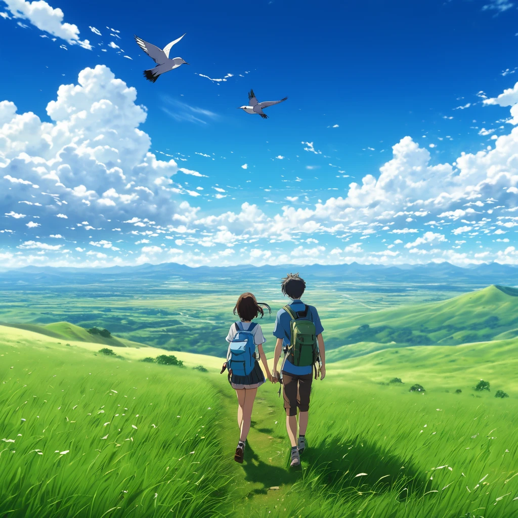 ((Best Quality, 8K, Masterpiece)) anime, anime landscape, anime couple hiking far away, in a grassland, creative, realist, white clouds, blue sky, landscape amazing, guy looking away from camera, wide photo, realistic grass, birds flying,  wind blowing hair, dirt path, beautiful tree, big clouds