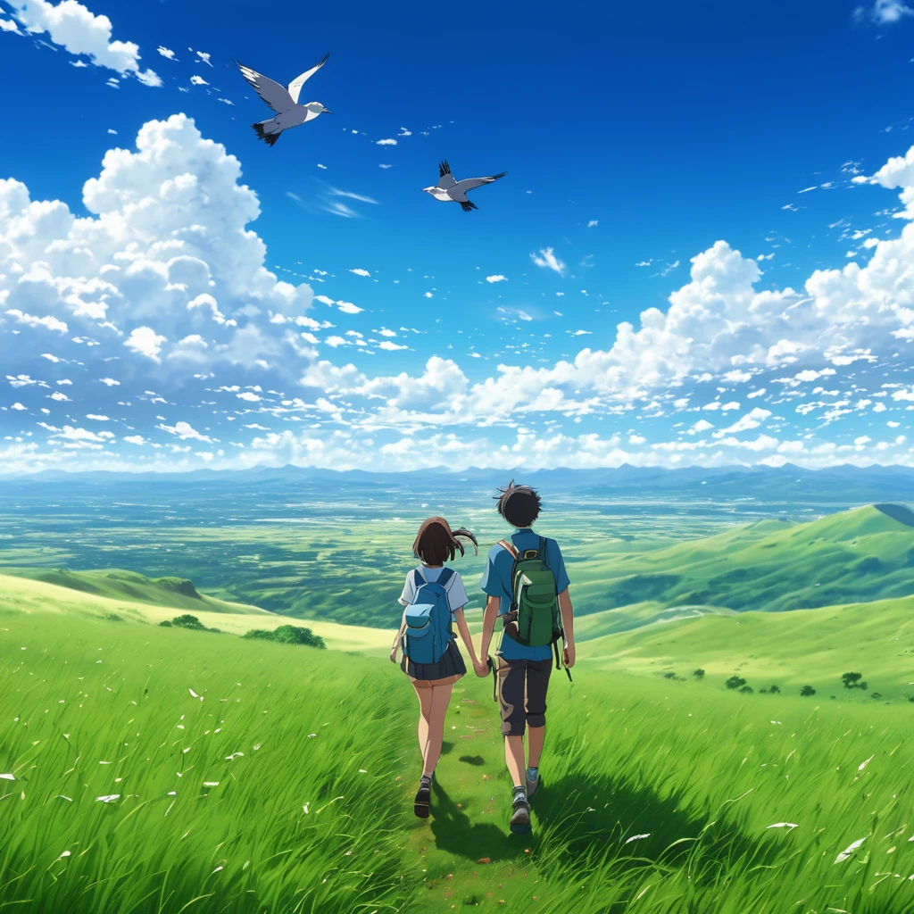 ((Best Quality, 8K, Masterpiece)) anime, anime landscape, anime couple hiking far away, in a grassland, creative, realist, white clouds, blue sky, landscape amazing, guy looking away from camera, wide photo, realistic grass, birds flying, wind blowing hair, dirt path, beautiful tree, big clouds