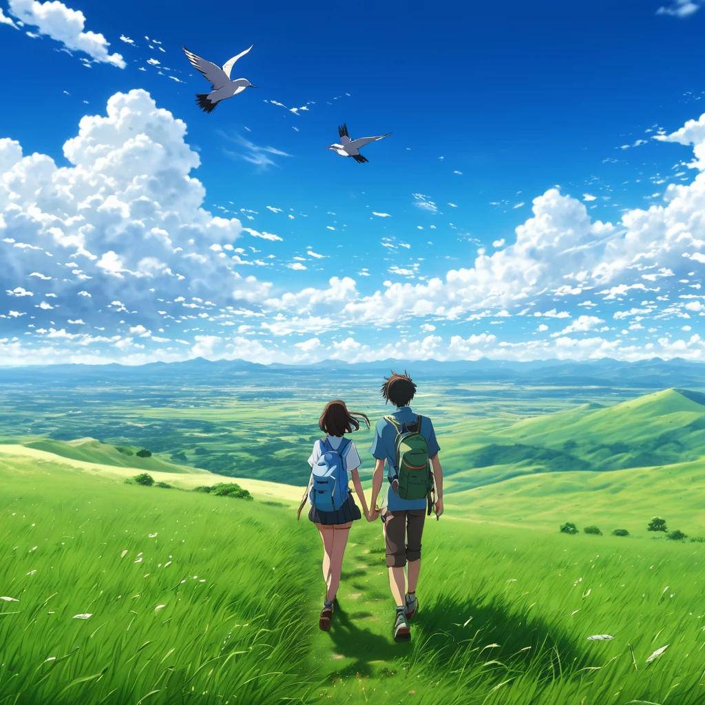 ((Best Quality, 8K, Masterpiece)) anime, anime landscape, anime couple hiking far away, in a grassland, creative, realist, white clouds, blue sky, landscape amazing, guy looking away from camera, wide photo, realistic grass, birds flying, wind blowing hair, dirt path, beautiful tree, big clouds
