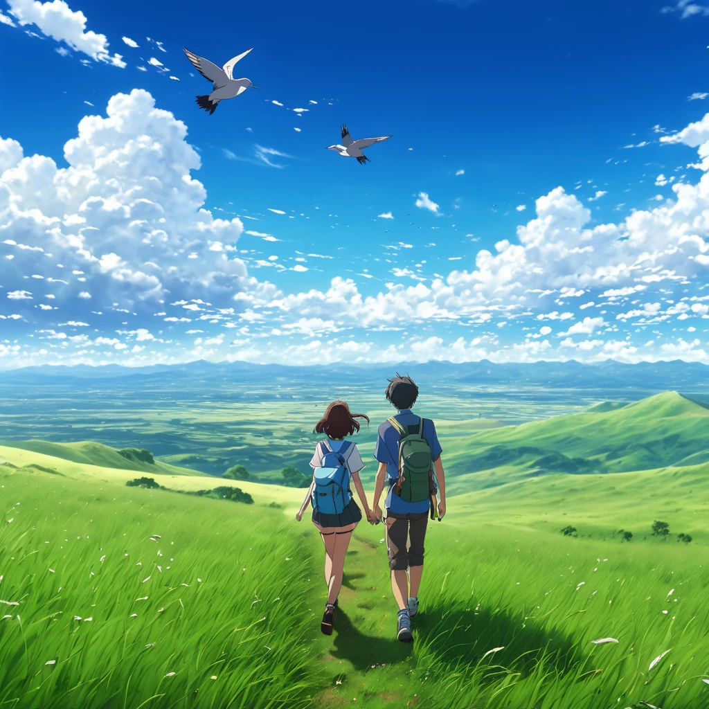 ((Best Quality, 8K, Masterpiece)) anime, anime landscape, anime couple hiking far away, in a grassland, creative, realist, white clouds, blue sky, landscape amazing, guy looking away from camera, wide photo, realistic grass, birds flying, wind blowing hair, dirt path, beautiful tree, big clouds