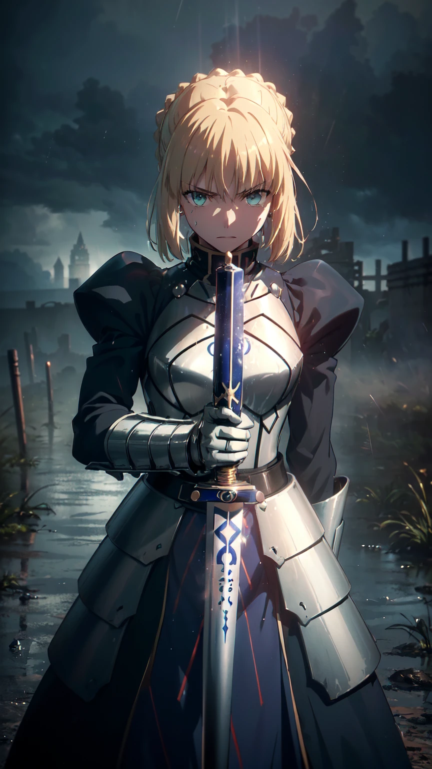(masterpiece, high resolution, detailed:1.3), Artoria Pendragon from Fate/Stay Night anime, (holding Excalibur sword:1.2), (rain-soaked armor:1.2), (intense expression in the twilight:1.2), dynamic angle, (dramatic lighting:1.2), (heavy raindrops falling:1.1), (muddy battlefield backdrop:1.1), (debris of fallen soldiers:1.1), (dark clouds looming overhead:1.2), (exhausted but determined facial features:1.2), (tattered battle flag in the background:1.1), (ripples in puddles reflecting the scene:1.1), (Canon EOS-1D X Mark III camera for exceptional detail:1.2), (paired with a Canon EF 24-70mm f/2.8L II USM lens:1.2), (capturing the emotion and intensity of the moment:1.1), (highlighting the rain-soaked atmosphere:1.1), (immersing the viewer in a somber and dramatic scene:1.1).