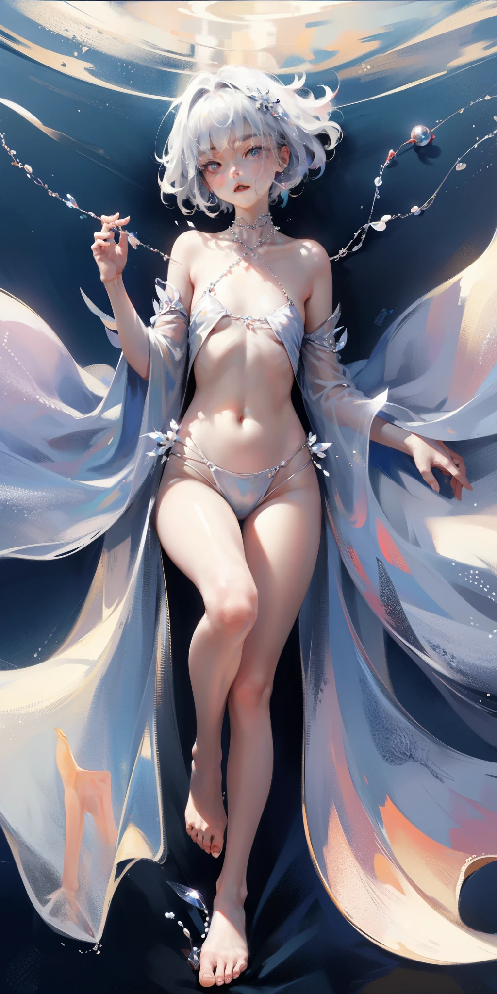 A girl、symmetry,Daughter,whole body female love,Put your hands together and bloom,(Very detailed:1.1),((small :1.2))、The eyes are well drawn、Charming eyes、Double tail、Wear jewelry and pearls around your neck,Transparent openwork、Deep V、Crystal Pearls、在Wear jewelry and pearls around your neck,white hair, show your thighs, Bare shoulders, Show clavicle, Yao Liu, barefoot,((whole body))、painful posture