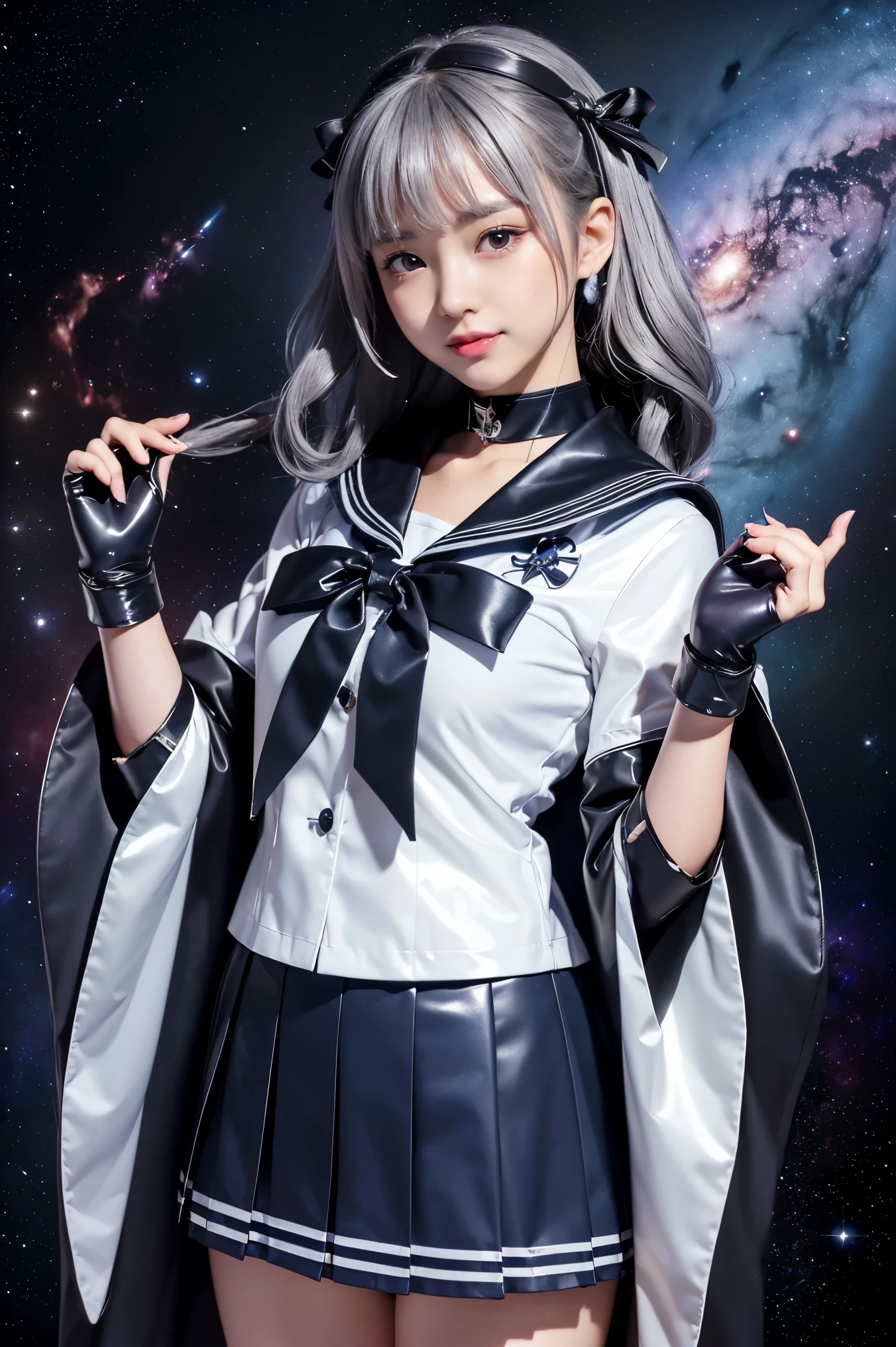 (((Gray Ash Hair、黒色ribbon)))、(((A 14-year-old Japanese girl wearing a shiny short-sleeved sailor uniform with elbow gloves and a cloak over it.,smile)))、(((Grey latex sailor collar)))、(((Grey latex pleated skirt)))、choker、Earrings、ribbon、((belly button))、 (((Sailor Warrior Uniforms)))、、Beautiful ornaments: 美しいPerfect Face, Soft Skin、Perfect Face, Intricate details, Splash screen, 8k resolution, masterpiece, Cute Face、(((Space Background))、Queen of Queenasterpiece, Highest quality, Highest quality, Official Art, Beauty and aesthetics: 1.2), (One girl: 1.3)