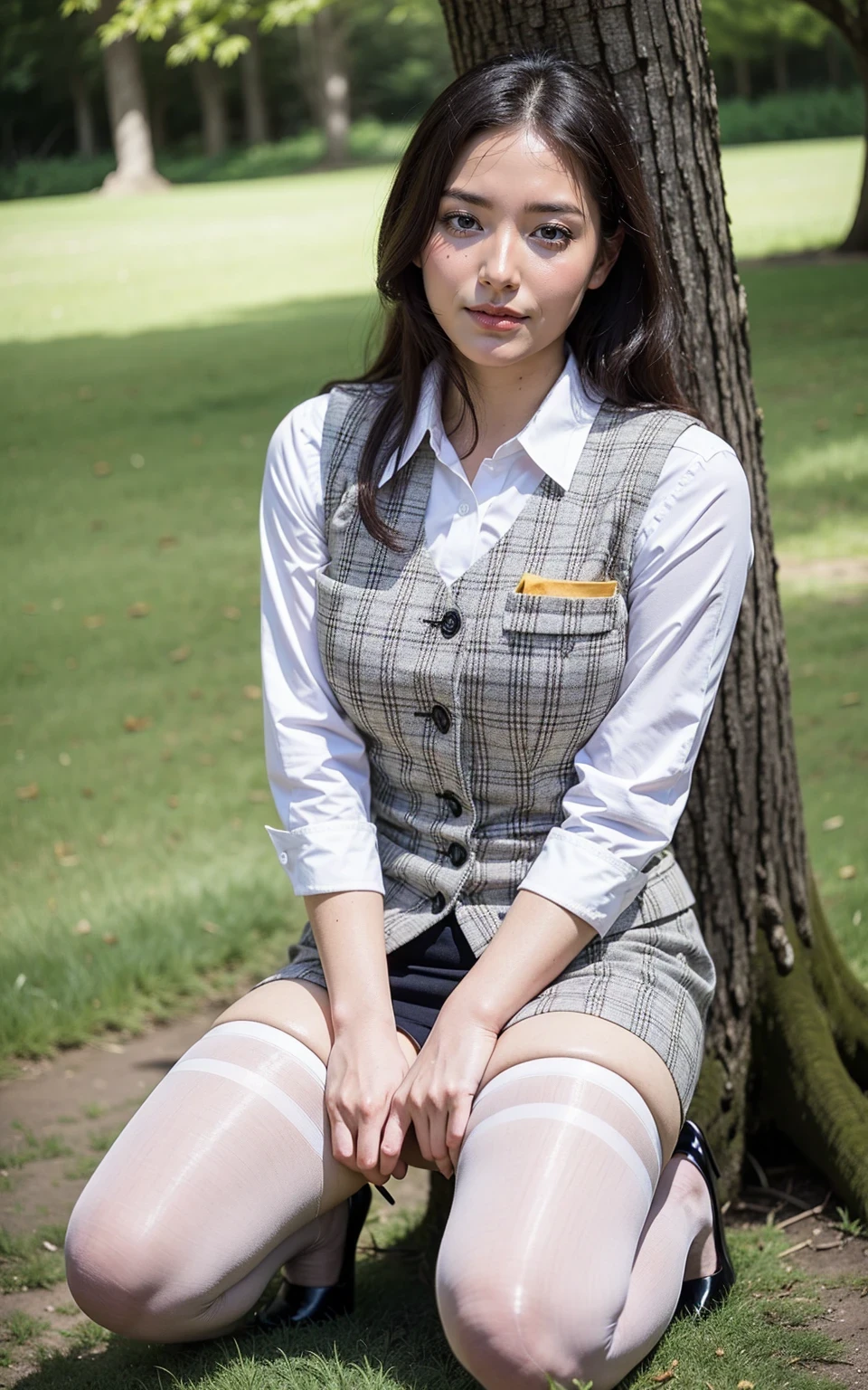 Ulchan-6500-v1.1, (RAW photo:1.2), (Photoreal), (genuine:1.4), １milf, perfect anatomy, 48 years old, plump body:0.5,  look at the viewer, medium long hair, Plaid vest, ((sit on the grass and open legs:1.0))、(super realistic pantyhose:1.2), (high heels), (business services)、under shade of tree