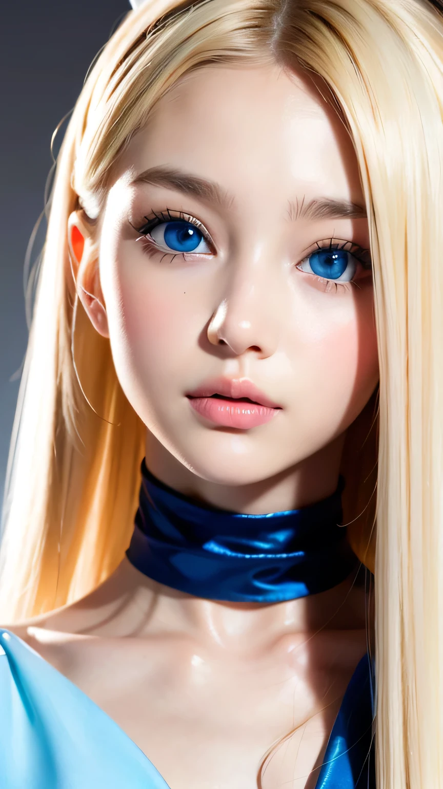 Very beautiful blonde girl、Large, very bright, whitish light blue eyes that shine beautifully、Very big eyes、Extremely white, bright, young skin、Small Face Beauty、Round face、Super long, very beautiful, super long, straight, silky blonde hair、Very pretty bangs that fall on the face、Cute and beautiful face、Very cute 15 year old girl、Cheek gloss highlighter