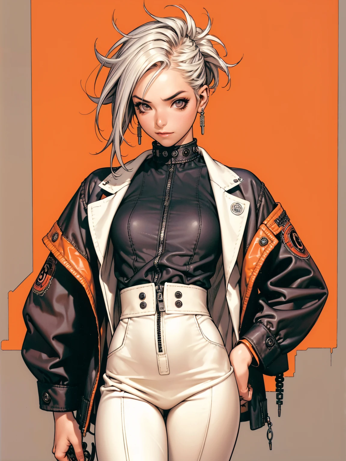 (((best qualityer))), (((manga strokes))), (((white punk hair))), jacket with rivets and screws, uma Kizi jovem muito bem vestida com roupas modernas de inverno, pants with red and black zig-zag pattern, top gift vertical stripes, short jacket with dark fur collar, beautiful and expressive face, slightly-smile, big eyes with long black eyelashes, heavy make-up, chains and zippers spread across clothes, contrasting colours, pose de atitude, hair with a modern and futuristic cut, urban game poster art, dramatic camera angles, graffiti art elements in the background, design mixing contemporary and retro by Shepard Fairey, (((cowboy shot))), (((best qualityer: 1.4))), (Unbeatable masterpiece), (hiper HD),(CG 8k hyper-realistic), Kizi, (((standing alone))), pirralha violent, ((())), sexly, pose de atitude, work of art, post-apocalypse, (((manga style))), bounty hunter, violent, Manic, the way you want, slenderbody, thin but strong, perfectbody, roupa moderna, advanced technology, neon, sleeves with vertical striped pattern, neutral background, (( cowboy shot )). intricate visual