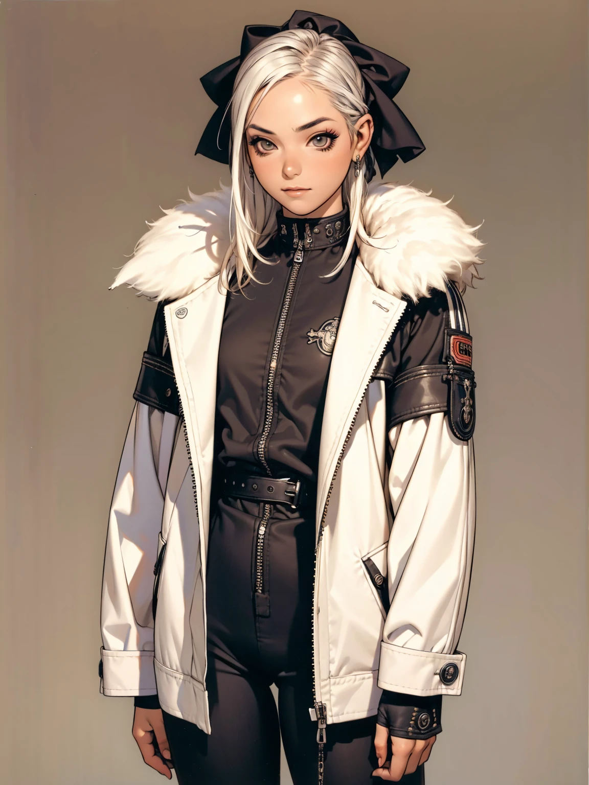 (((best qualityer))), (((manga strokes))), (((white punk hair))), jacket with rivets and screws, uma Kizi jovem muito bem vestida com roupas modernas de inverno, pants with red and black zig-zag pattern, top gift vertical stripes, short jacket with dark fur collar, beautiful and expressive face, slightly-smile, big eyes with long black eyelashes, heavy make-up, chains and zippers spread across clothes, contrasting colours, pose de atitude, hair with a modern and futuristic cut, urban game poster art, dramatic camera angles, graffiti art elements in the background, design mixing contemporary and retro by Shepard Fairey, (((cowboy shot))), (((best qualityer: 1.4))), (Unbeatable masterpiece), (hiper HD),(CG 8k hyper-realistic), Kizi, (((standing alone))), pirralha violent, (((14歳))), sexly, pose de atitude, work of art, post-apocalypse, (((manga style))), bounty hunter, violent, Manic, the way you want, slenderbody, thin but strong, perfectbody, roupa moderna, advanced technology, neon, sleeves with vertical striped pattern, neutral background, (( cowboy shot )). intricate visual