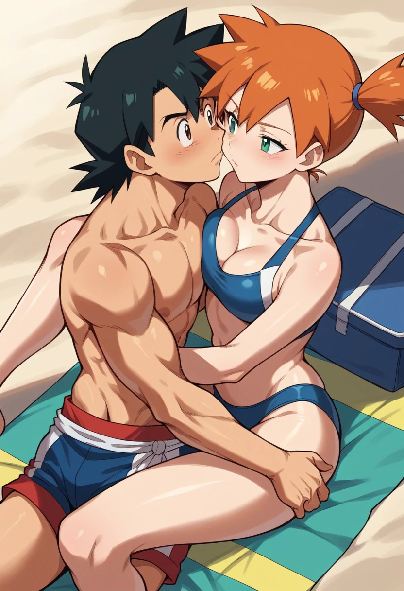 1boy, ash ketchum, black hair, brown eyes, hair between eyes, ash ketchum, on beach, shirtless, male swimwear, handsome boy, macho, good looking boy
1girl, misty pokemon, orange hair, green eyes, on beach, swimsuit, pretty, beautiful girl
photograph of a 18 years old couple they're showing off their love and affection for each other, they're caressing, intimacy, erotic moment