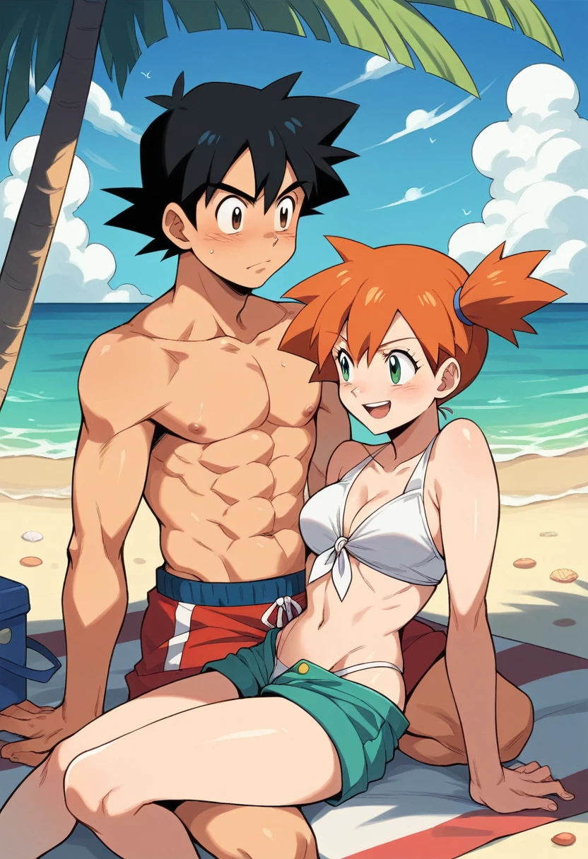 1boy, ash ketchum, black hair, brown eyes, hair between eyes, ash ketchum, shirtless, male swimwear, handsome boy, macho, good looking boy 1girl, misty pokemon, orange hair, green eyes, blue swimsuit, blue bikini, pretty, beautiful girl photograph of a 18 years couple, on beach, looking at the viewer, happy look after vacations