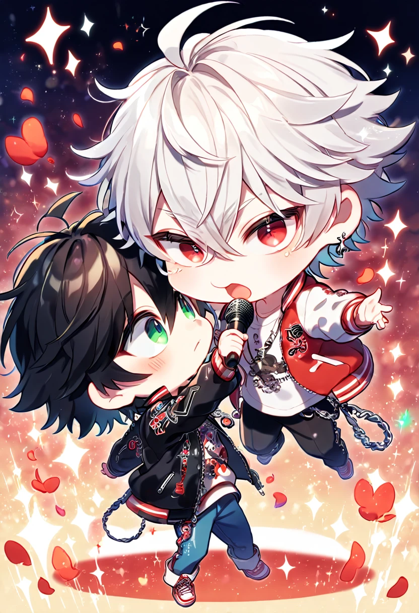 absurdres, highres, ultra detailed, HDR, master piece, best quality, extremely detailed, Aohitsugi Samatoki chibi, chin length white hair, expressive red eyes, long eyelashes, Hypnosis Mic, Yamada Ichiro chibi, chin length black hair, expressive green eyes, black leather jacket, red varsity jacket, black pants, blue pants, red shoes, white boots, two boys together, yaoi, gay couple, cute, fantasy, holding a microphone, singing, stage, sparkling, red glittering lights, magical, red petals, lights