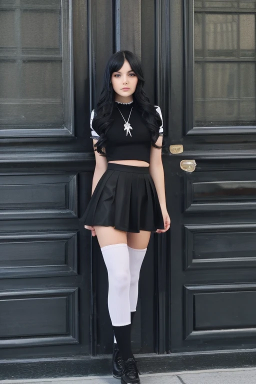 A gothic girl with a black skirt long socks black shoes short black hair appeared angelic