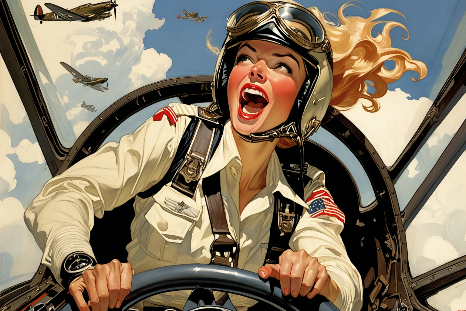 Female pilot, screaming, inside cockpit, ww2, art by J.C. Leyendecker