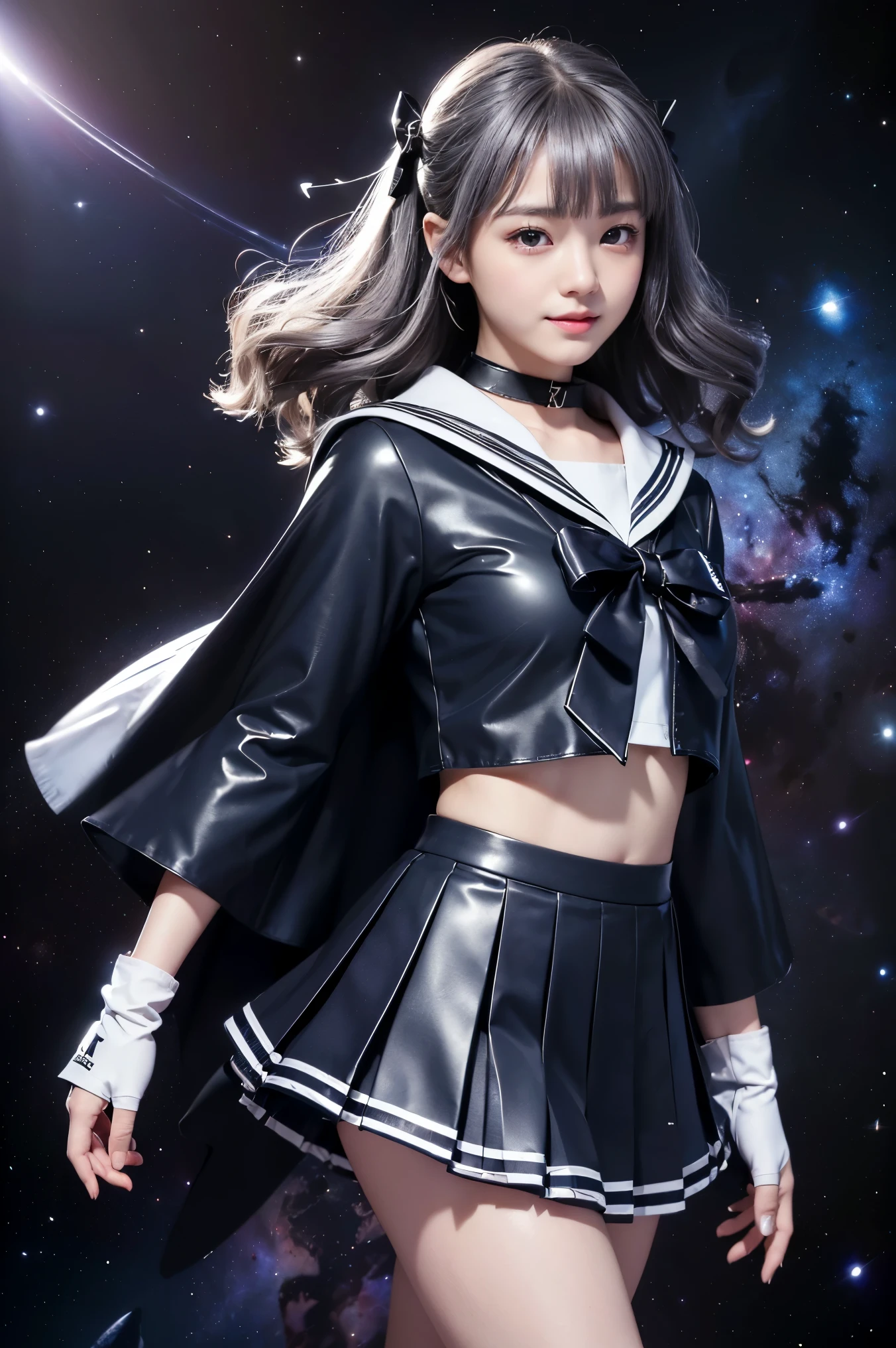 (((Gray Ash Hair、黒色ribbon)))、(((A **-****-*** Japanese girl wearing a shiny short-sleeved sailor uniform with elbow gloves and a cloak over it.,smile)))、(((Grey latex sailor collar)))、(((Grey latex pleated skirt)))、choker、Earrings、ribbon、((belly button))、 (((Sailor Warrior Uniforms)))、、Beautiful ornaments: 美しいPerfect Face, Soft Skin、Perfect Face, Intricate details, Splash screen, 8k resolution, masterpiece, Cute Face、(((Space Background))、Queen of Queenasterpiece, Highest quality, Highest quality, Official Art, Beauty and aesthetics: 1.2), (One girl: 1.3)