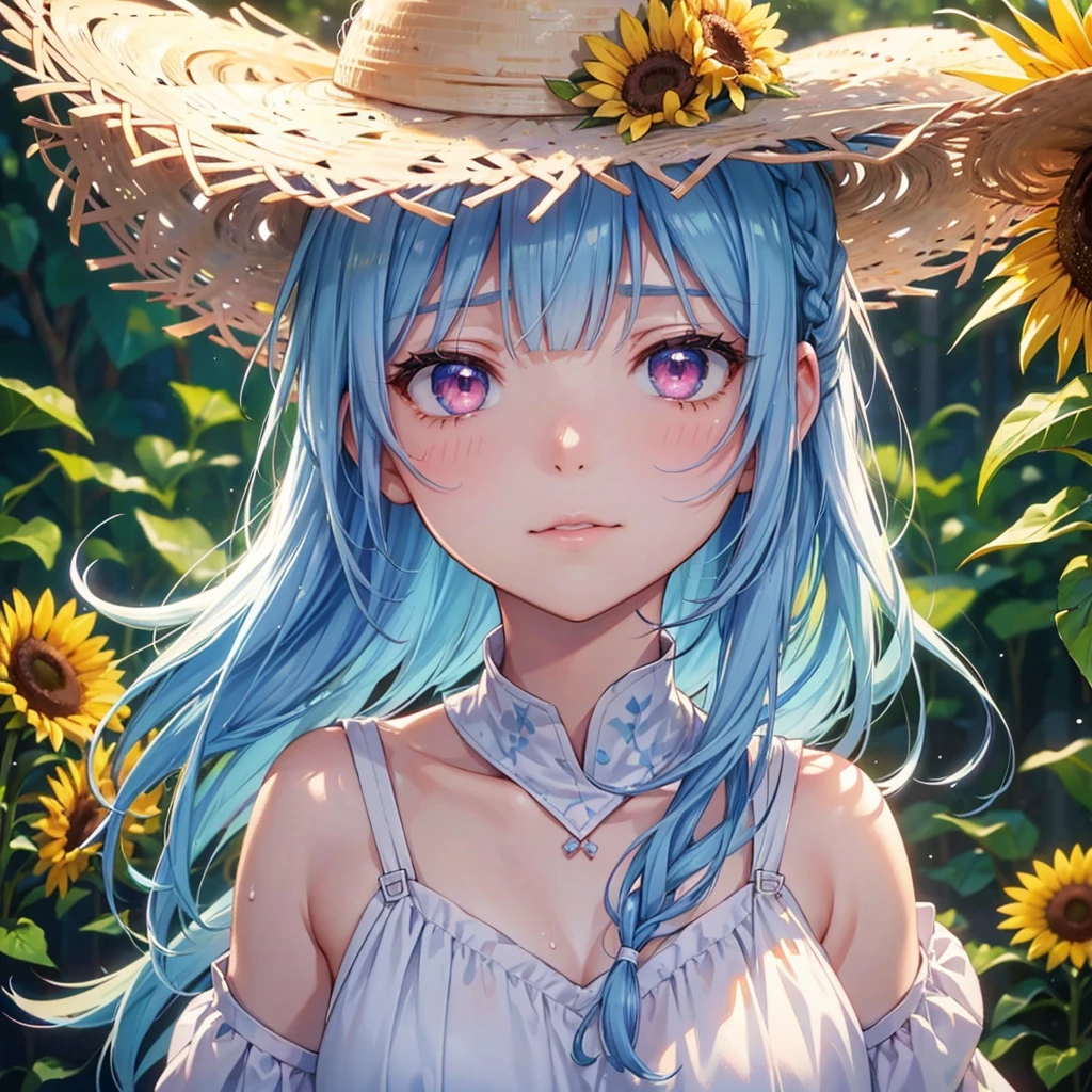 (Sky blue medium hair:1.2),(Braiding),(Pink Eyes),Fair skin ,(whole body),(One Girl),buzzer,Sunflower field,Blunt bangs,Wipe away sweat,Wink,Straw hat,(masterpiece, Highest quality, Very detailed, Best Shadow), (Detailed Background), (Beautifully detailed face), High Contrast, (Best lighting, Very delicate and beautiful), ((Cinematic Light)), colorful, Hyper Detail, Dramatic Light, Intricate details,buzzerの暑い日差し,