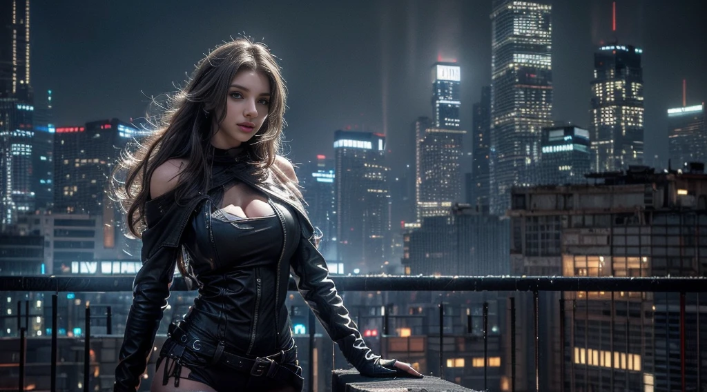 ((masterpiece, best quality, Highest image quality, high resolution, Reality, RAW photos, 8K)), Future city ruins，standing on top of the building，Beautiful girl，Tight leather jacket，Off-shoulder，Large ，Long hair，Black Wings，Pretty face，Closed mouth，dramatic，Mid-range portrait，midnight