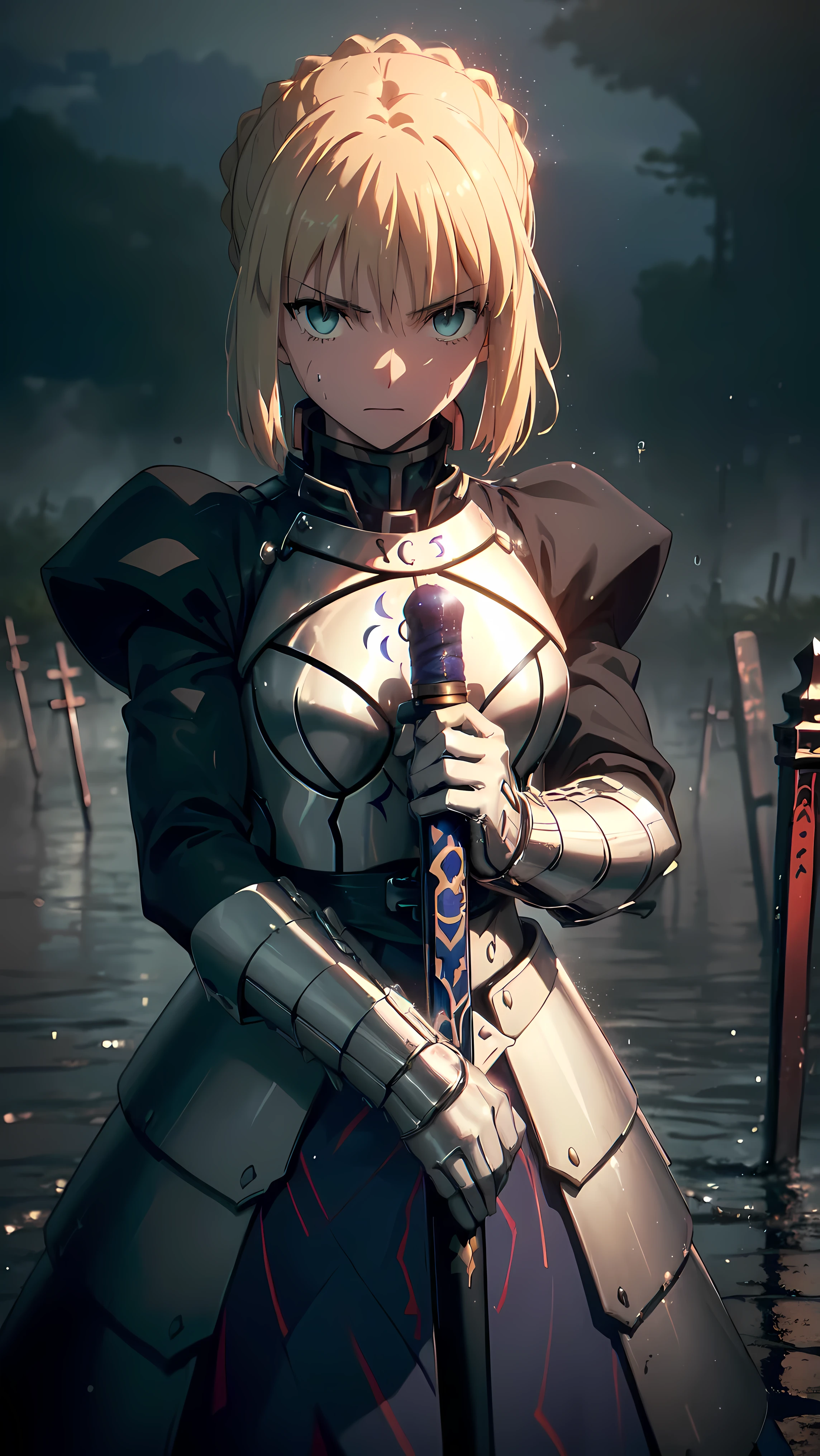 (masterpiece, high resolution, detailed:1.3), Artoria Pendragon from Fate/Stay Night anime, (holding Excalibur sword:1.2), (rain-soaked armor:1.2), (intense expression in the twilight:1.2), dynamic angle, (dramatic lighting:1.2), (heavy raindrops falling:1.1), (muddy battlefield backdrop:1.1), (debris of fallen soldiers:1.1), (dark clouds looming overhead:1.2), (exhausted but determined facial features:1.2), (tattered battle flag in the background:1.1), (ripples in puddles reflecting the scene:1.1), (Canon EOS-1D X Mark III camera for exceptional detail:1.2), (paired with a Canon EF 24-70mm f/2.8L II USM lens:1.2), (capturing the emotion and intensity of the moment:1.1), (highlighting the rain-soaked atmosphere:1.1), (immersing the viewer in a somber and dramatic scene:1.1).