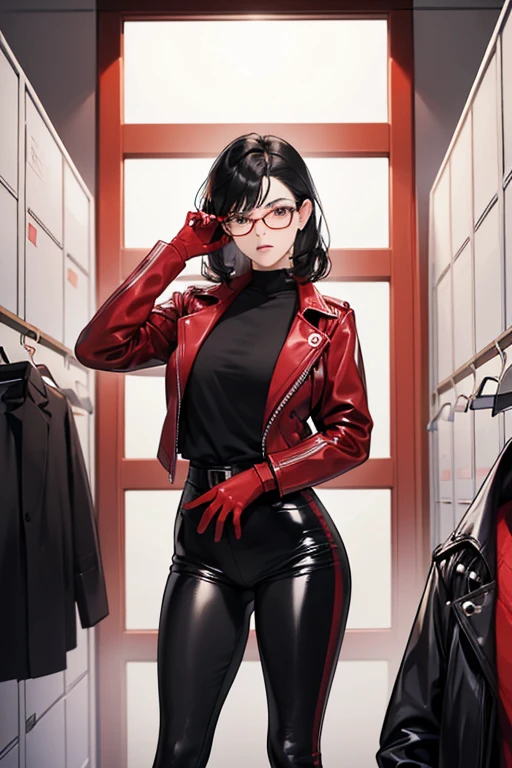 In the locker room, a mature woman with black hair and glasses puts on red patent gloves, a black leather jacket, and black patent leggings, and puts her hands on the wall and sticks out her buttocks while crying and screaming.
