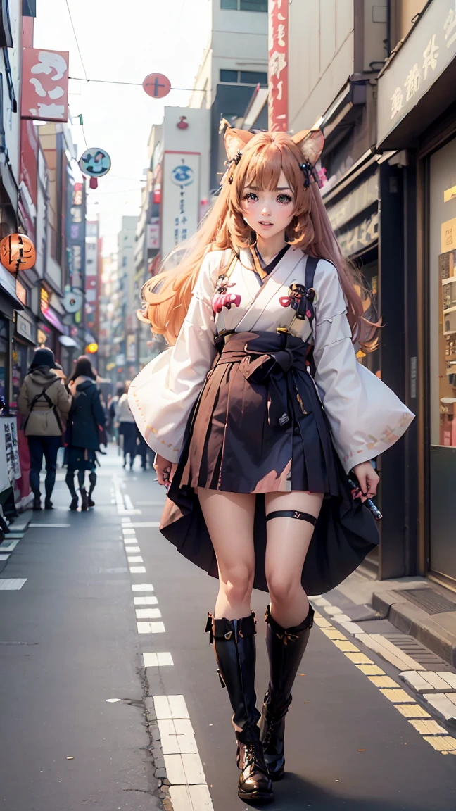 Brahmaestra, Raphtalia, chestnut hair, animal ears, Eyes red,(Smiling face 1.8)(Smiling Face Eyes 1.8)happy face、happy face、dynamic pose、Put on the boots(Look this:1.5)(full body shot shot:1.2)(Rua Harajuku Takeshita:1.5), photo by full body, convenience store,rotating car、car、super puppy、passers-by、(Distant view of modern Japanese cities:1.5)、(Go up one&#39;Longsword:1.8),(assault rifle,hold horizontally:1.8)