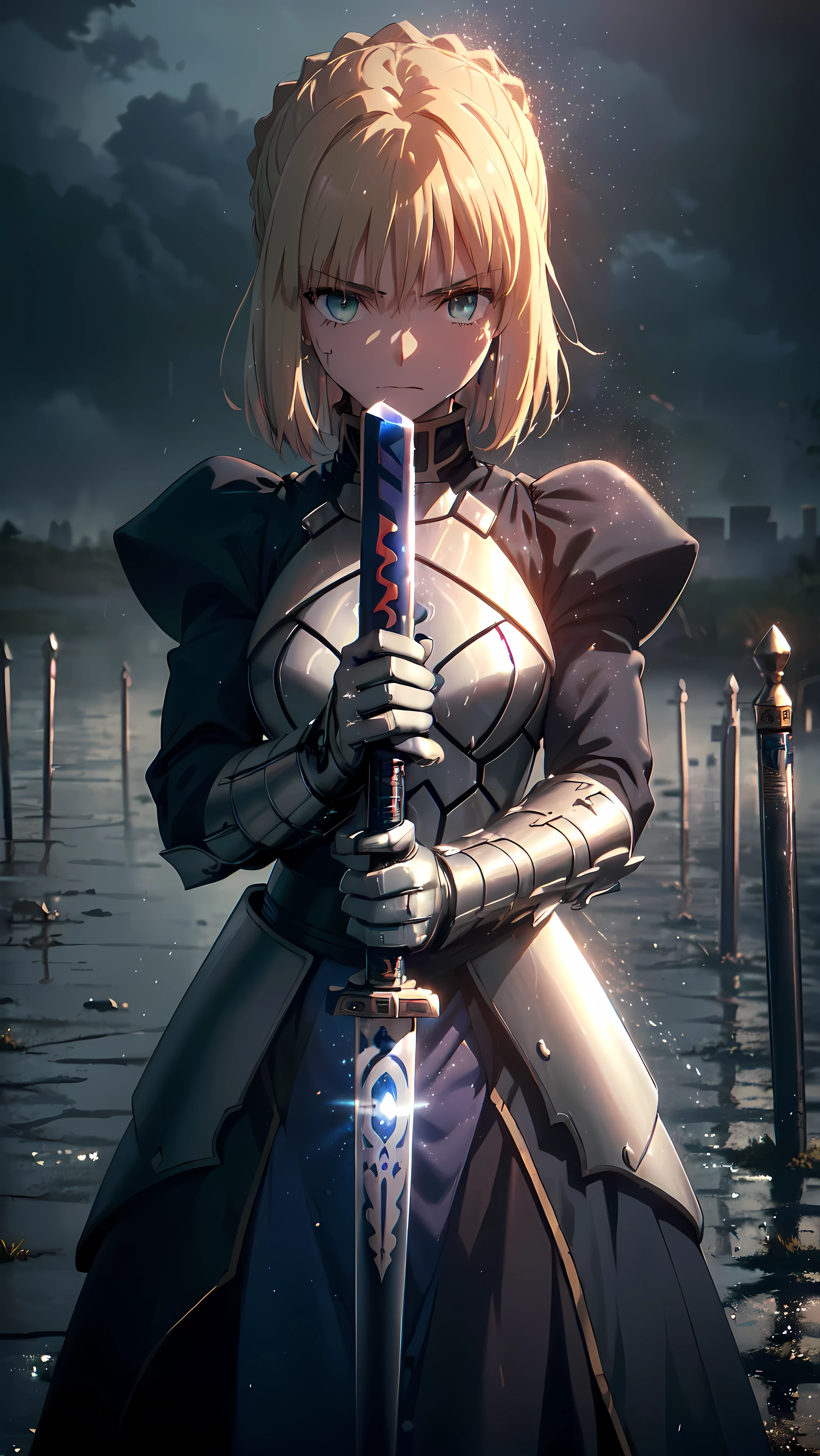 (masterpiece, high resolution, detailed:1.3), Artoria Pendragon from Fate/Stay Night anime, (holding Excalibur sword:1.2), (rain-soaked armor:1.2), (intense expression in the twilight:1.2), dynamic angle, (dramatic lighting:1.2), (heavy raindrops falling:1.1), (muddy battlefield backdrop:1.1), (debris of fallen soldiers:1.1), (dark clouds looming overhead:1.2), (exhausted but determined facial features:1.2), (tattered battle flag in the background:1.1), (ripples in puddles reflecting the scene:1.1), (Canon EOS-1D X Mark III camera for exceptional detail:1.2), (paired with a Canon EF 24-70mm f/2.8L II USM lens:1.2), (capturing the emotion and intensity of the moment:1.1), (highlighting the rain-soaked atmosphere:1.1), (immersing the viewer in a somber and dramatic scene:1.1).