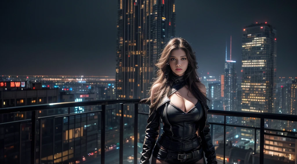 ((masterpiece, best quality, Highest image quality, high resolution, Reality, RAW photos, 8K)), Future city ruins，standing on top of the building，Beautiful girl，Tight leather jacket，Off-shoulder，Large Breasts，Long hair，Pretty face，Closed mouth，dramatic，Mid-range portrait，midnight