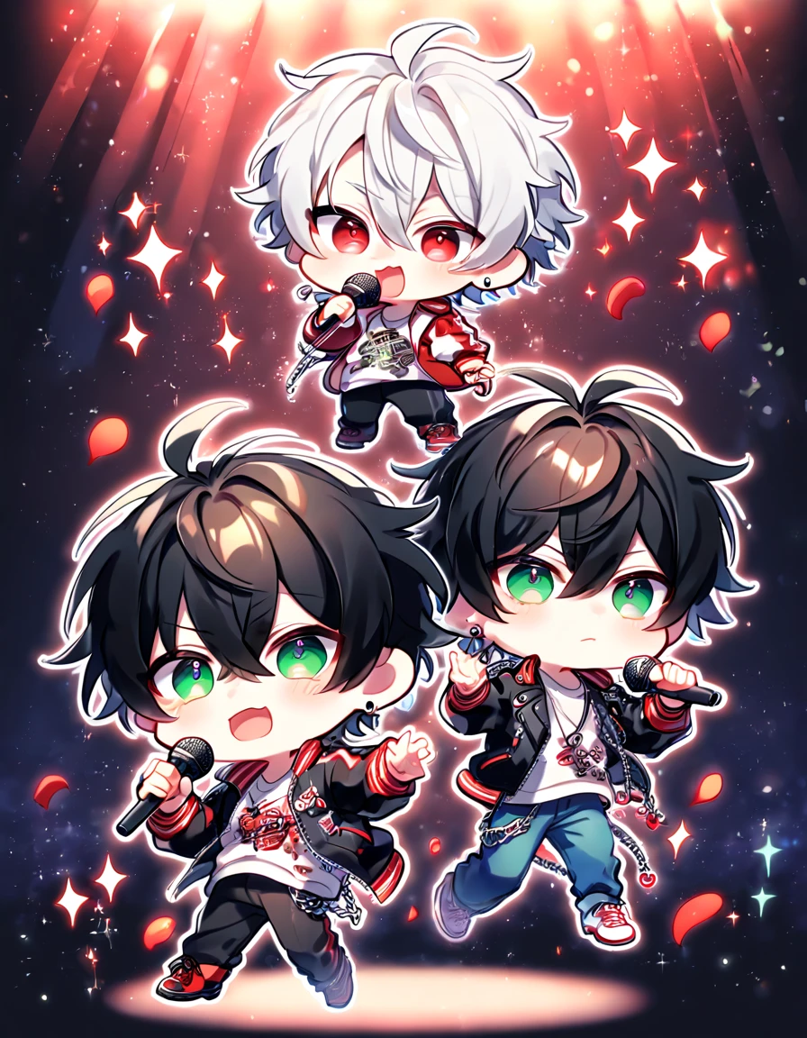 absurdres, highres, ultra detailed, HDR, master piece, best quality, extremely detailed, Aohitsugi Samatoki chibi, chin length white hair, expressive red eyes, long eyelashes, Hypnosis Mic, Yamada Ichiro chibi, chin length black hair, expressive green eyes, black leather jacket, red varsity jacket, black pants, blue pants, red shoes, white boots, two boys together, yaoi, gay couple, cute, fantasy, holding a microphone, singing, stage, sparkling, red glittering lights, magical, red petals, lights