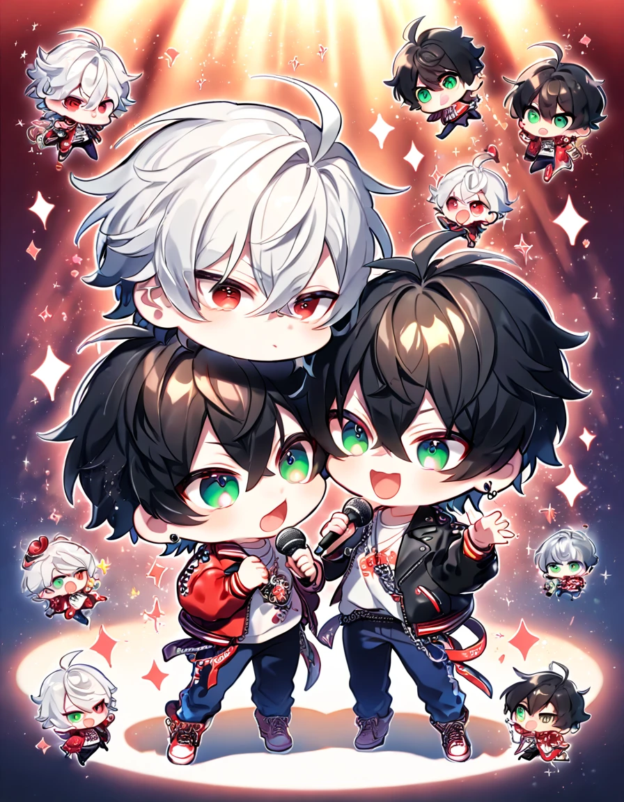 absurdres, highres, ultra detailed, HDR, master piece, best quality, extremely detailed, Aohitsugi Samatoki chibi, chin length white hair, expressive red eyes, long eyelashes, Hypnosis Mic, Yamada Ichiro chibi, chin length black hair, expressive green eyes, black leather jacket, red varsity jacket, black pants, blue pants, red shoes, white boots, two boys together, yaoi, gay couple, cute, fantasy, holding a microphone, singing, stage, sparkling, red glittering lights, magical, red petals, lights