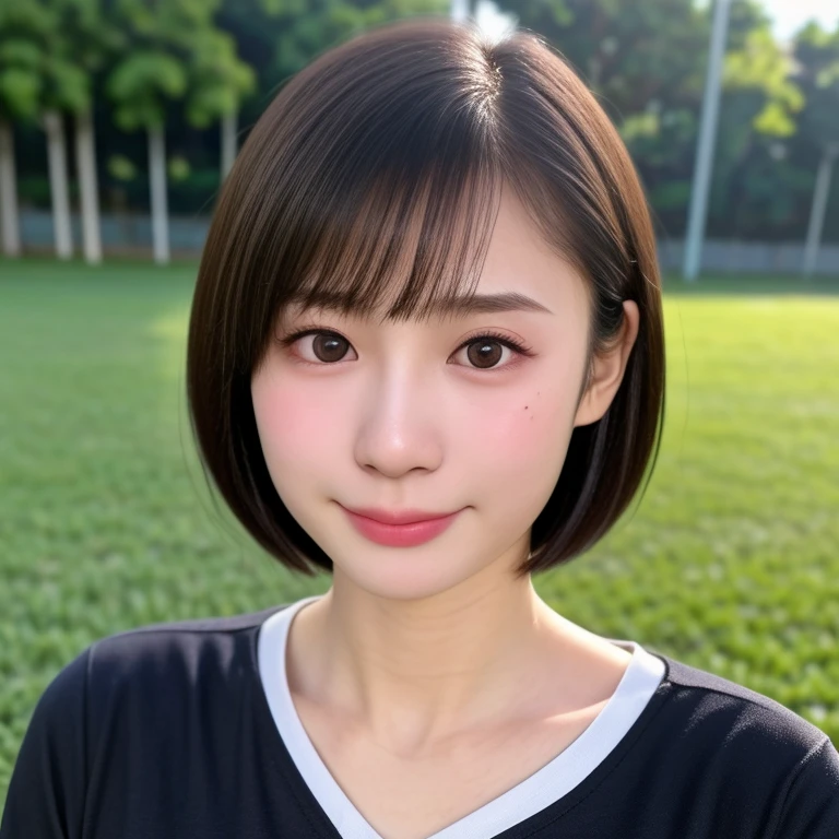 NSFW, (kawaii 18 year-old Japanese girl, Nogizaka idol, Korean idol, highschool student), healthy female athlete body, (glossy black hair, short hair, pixie cut, bangs:1.3), (rounded face, beautiful black eyes, single eyelid, no makeup, embarrassed, noseblush:1.2), (wearing soccer uniform:1.2), extra small breasts, BREAK, (park background, turf, summer daytime, warm sunlight), (dynamic angle, bust shot),  BREAK, (masterpiece, best quality, photo realistic, official art:1.4), (UHD, 8K quality wallpaper, high resolution, raw photo, golden ratio:1.3), (shiny skin), professional lighting, physically based rendering, award winning, (highly detailed skin, extremely detailed face and eyes), Carl Zeiss 85 mm F/1.4, depth of field, 1girl, solo,