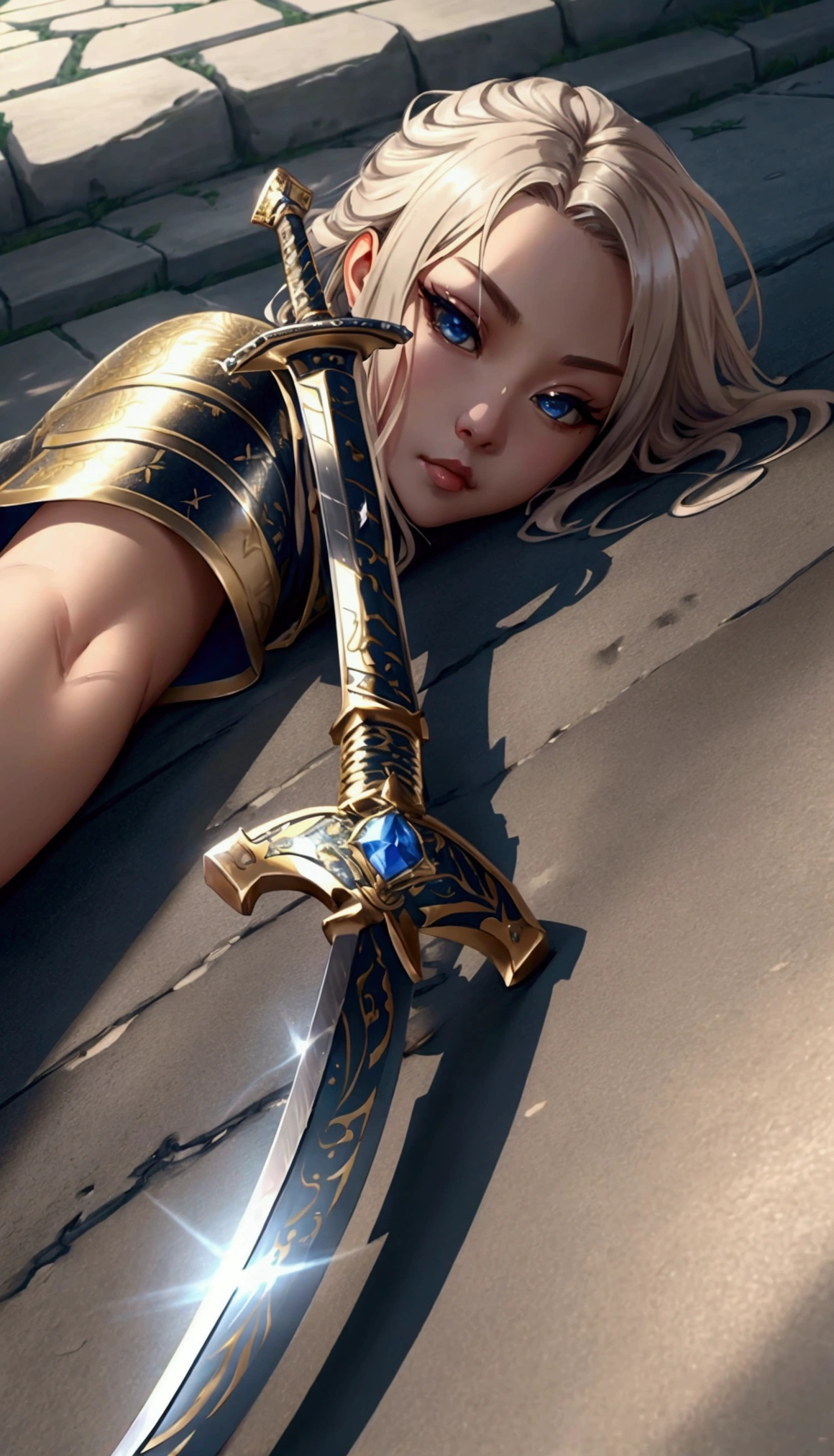(Outstanding、Professional、Surreal)、Detailed sword, Metallic texture, Lying on the ground