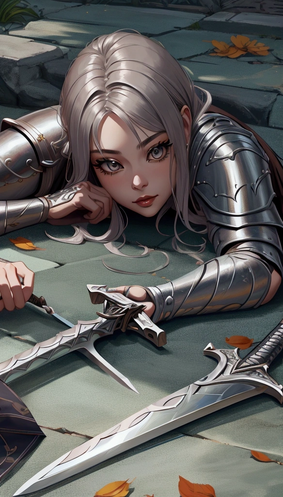 (Outstanding、Professional、Surreal)、Detailed sword, Metallic texture, Lying on the ground