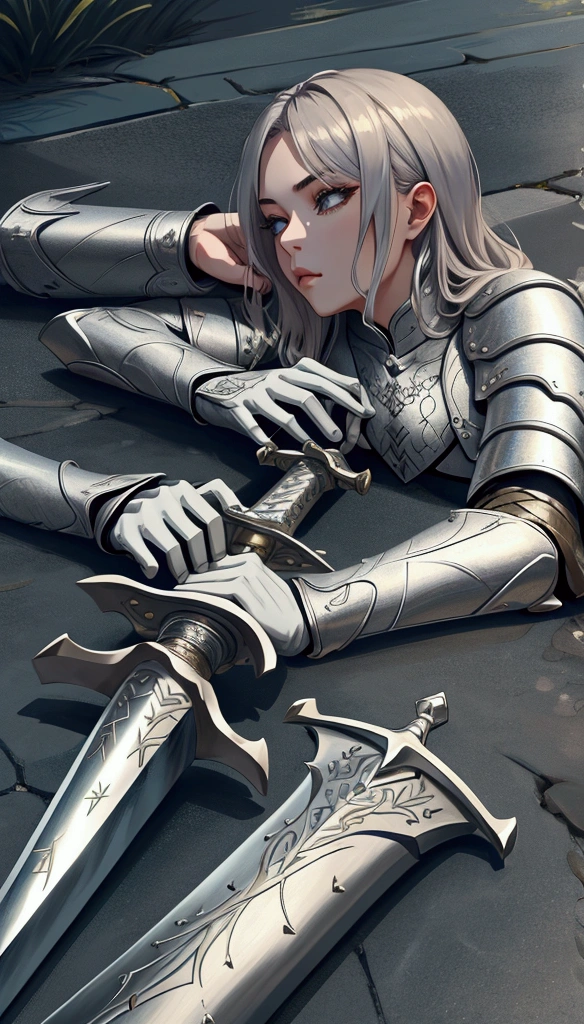 (Outstanding、Professional、Surreal)、Detailed sword, Metallic texture, Lying on the ground