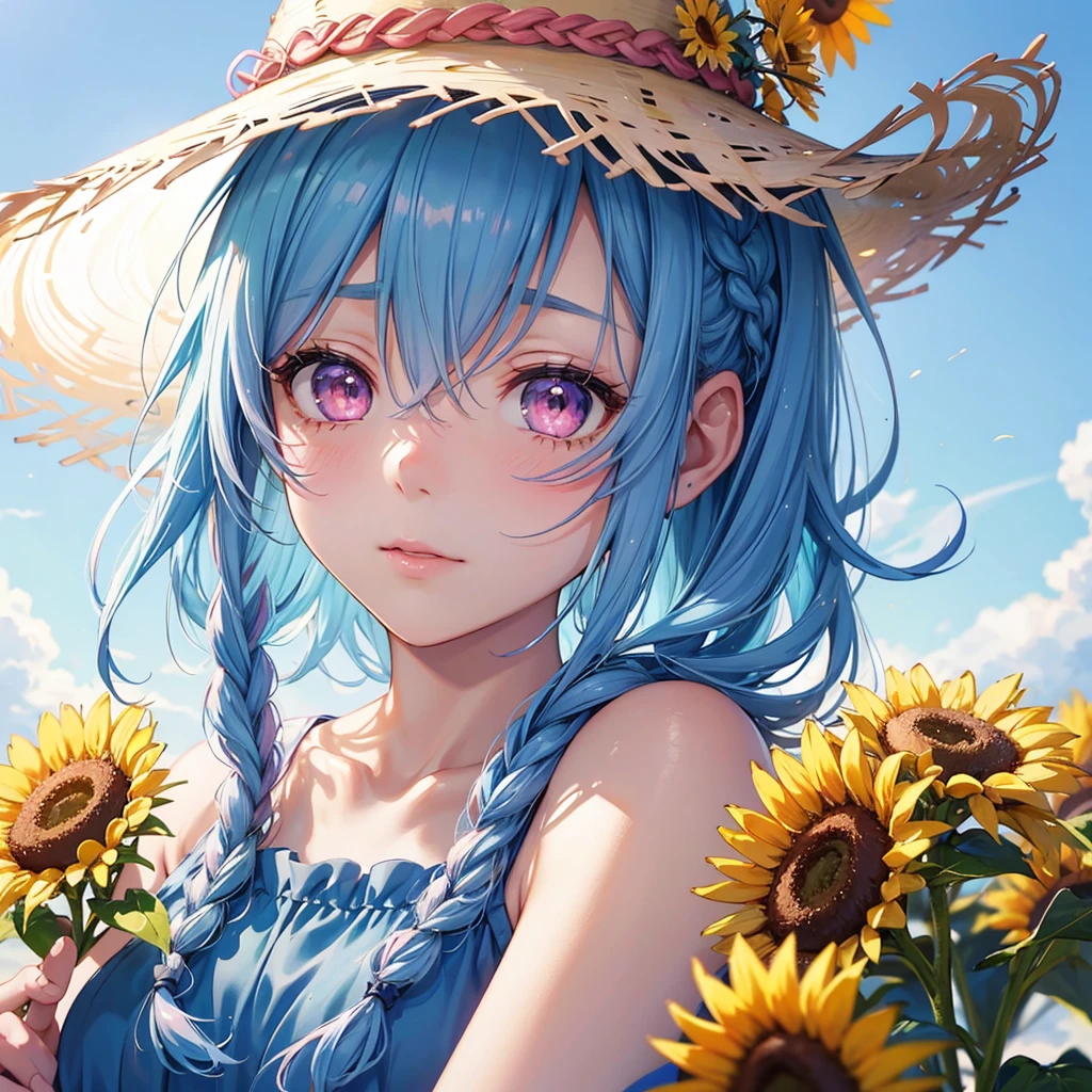 (Sky blue medium hair:1.2),(Braiding:1.2),(Pink Eyes),Fair skin ,(whole body),(One Girl),buzzer,Sunflower field,Straight bangs,Wipe away sweat,Wink,Straw hat,(masterpiece, Highest quality, Very detailed, Best Shadow), (Detailed Background), (Beautifully detailed face), High Contrast, (Best lighting, Very delicate and beautiful), ((Cinematic Light)), colorful, Hyper Detail, Dramatic Light, Intricate details,buzzerの暑い日差し,