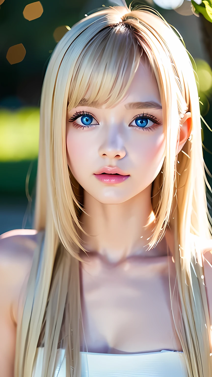 Very beautiful blonde girl、Large, very bright, whitish light blue eyes that shine beautifully、Very big eyes、Extremely white, bright, young skin、Small Face Beauty、Round face、Super long, very beautiful, super long, straight, silky blonde hair、Very pretty bangs that fall on the face、Cute and beautiful face、Very cute  girl、Cheek gloss highlighter