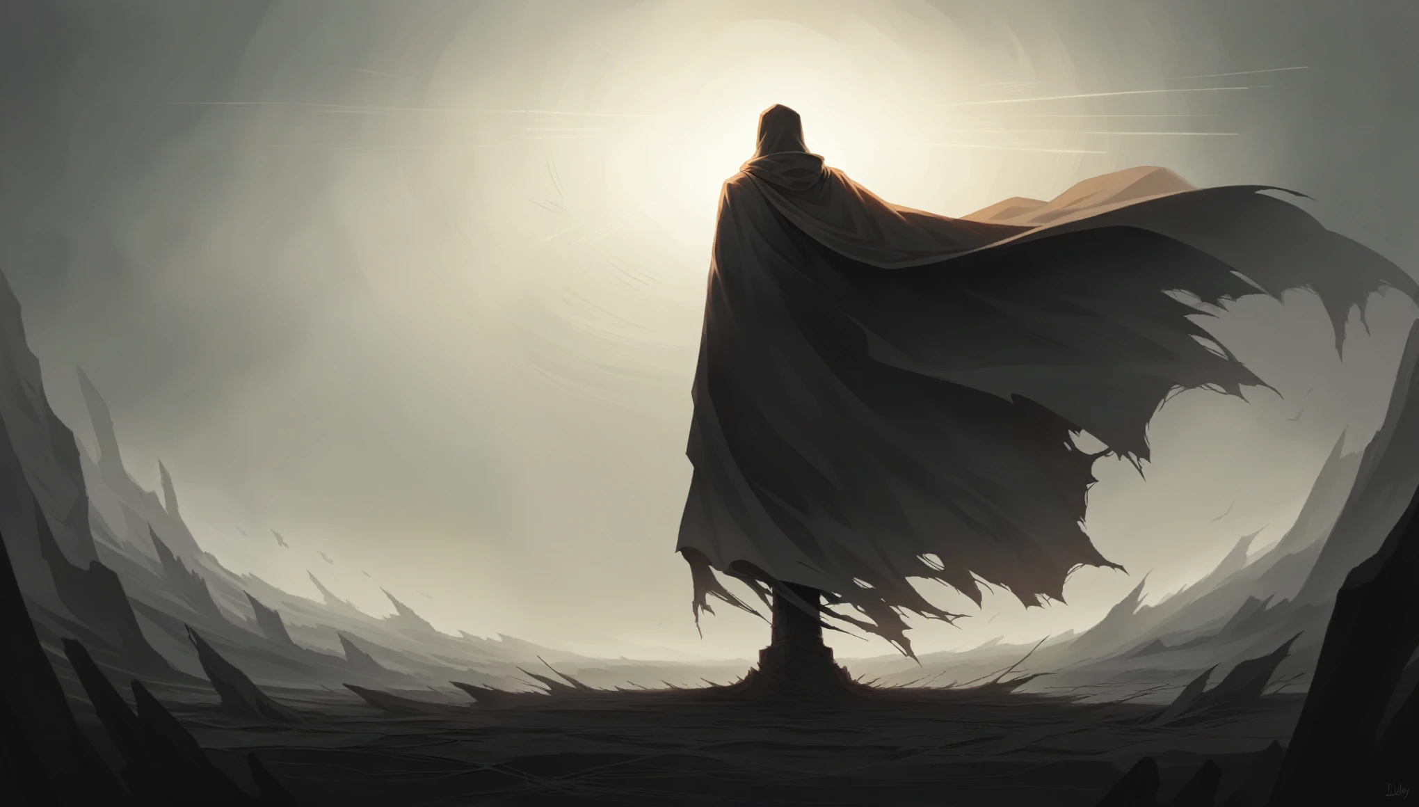 (best qualityer, high resolution:1.2), dimly-lit, cinematic, mysterious atmosphere, intense expression, foggy background, dramatic lighting, war-torn landscape, hauntingly beautiful, cloak flowing in the wind, rugged terrain, details Intricate, Atmospheric effects, creation environment, captivating composition, Enigmatic protagonist