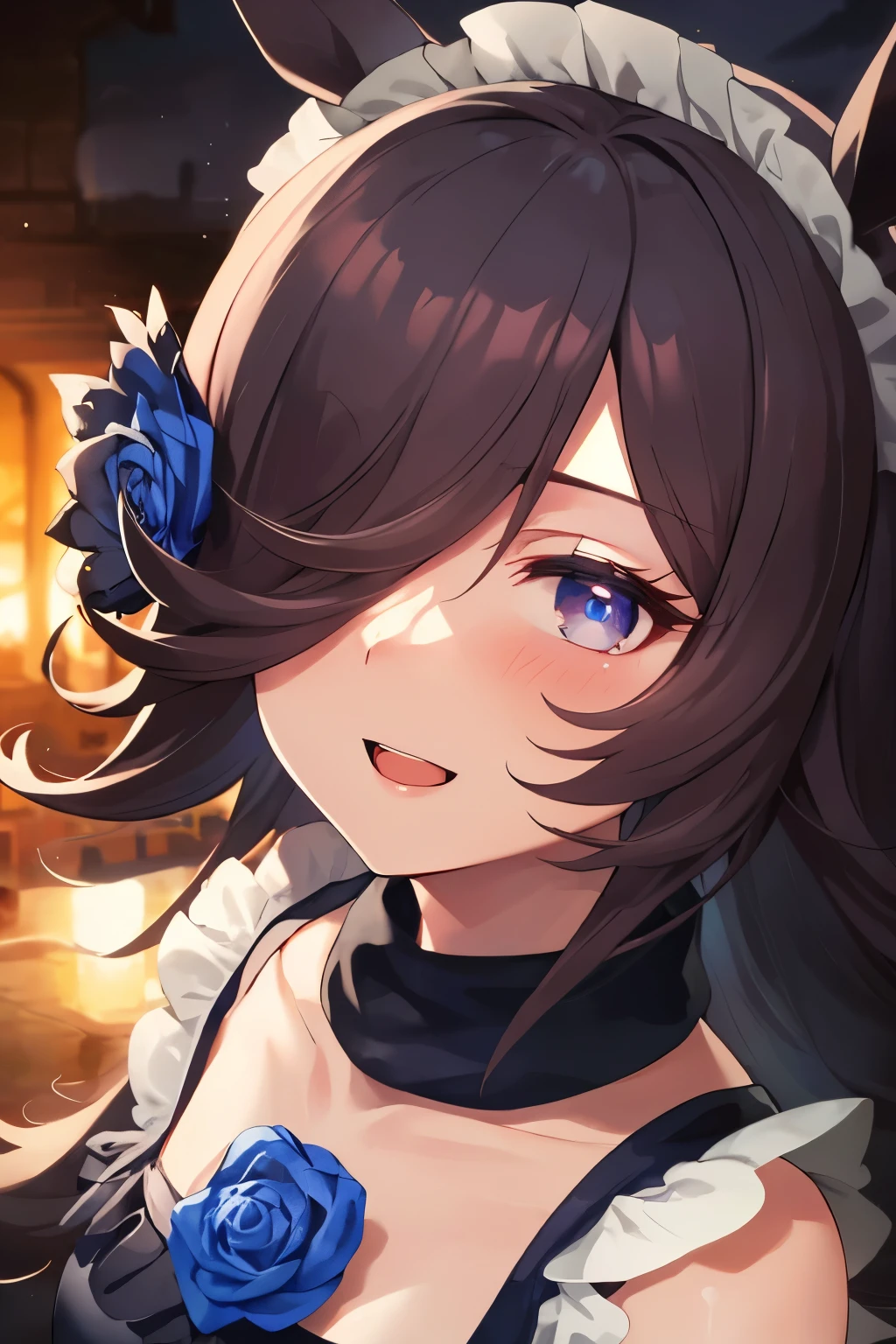 (Tabletop.Highest quality).(Dynamic Angle). (CG paintings with attention to detail),(Perfect image)、Comic ?????.shape.1 girl.Detailed face、Perfect Face.Delicate face、A cute and delicate girl in a gothic maid outfit、Rough skin、Black Hair.length、(Umamimi Girl)Umamimi Girl、((Beautiful Blue Eyes)).繊細でBeautiful Eyes、Beautiful Eyes、Reflected Eyes、smile.(Looking at the audience:1.3).(Face is a little red:0.8)、8k wallpaper、Cowboy Shot、reflected light、Most detailed、Complex、Rough skin、Fine skin、(Super Resolution)、((Cute girl in gothic maid outfit))