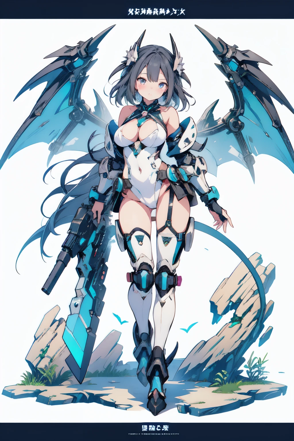 official art,character reference:1.4, milf idol oneesan girl, mecha musume:1.3, epic ecchi:1.4, exoskeleton:1.7, blue and white costume,
black wings, white background, simple background, cleavage, holding ultra large weapon, full body, sharking wings, bare shoulders, blush, o-ring, standing, revealing clothes, thigh strap, leaning forward, standing, slingshot leotard, mechanized armor:1.4, thighhighs ,high heel:1.2