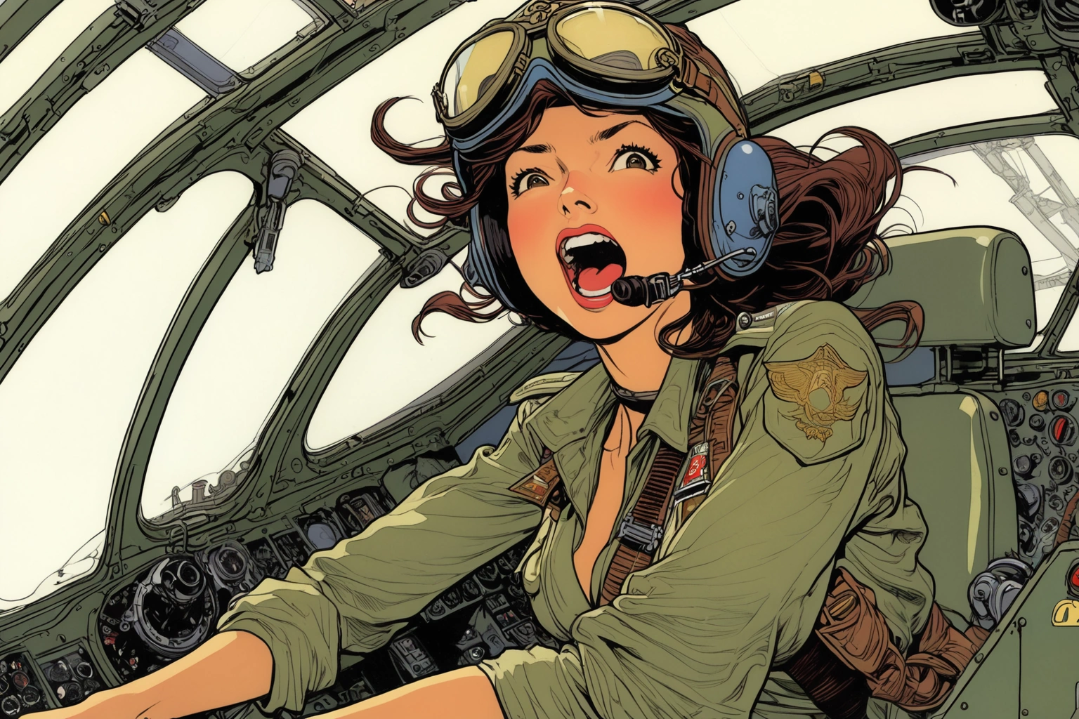 Female pilot, screaming, inside cockpit, ww2, Style by Masamune Shirow