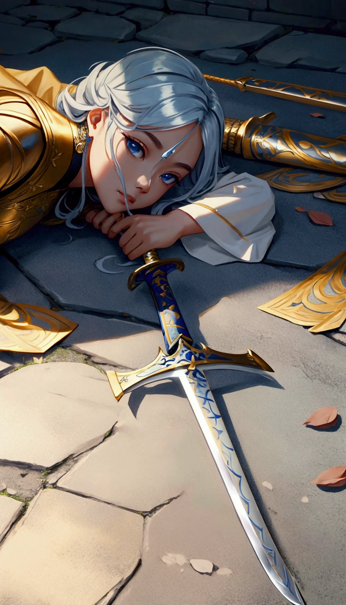 (outstanding、professional、Surreal)、detailed sword, Metallic texture, lying on the ground