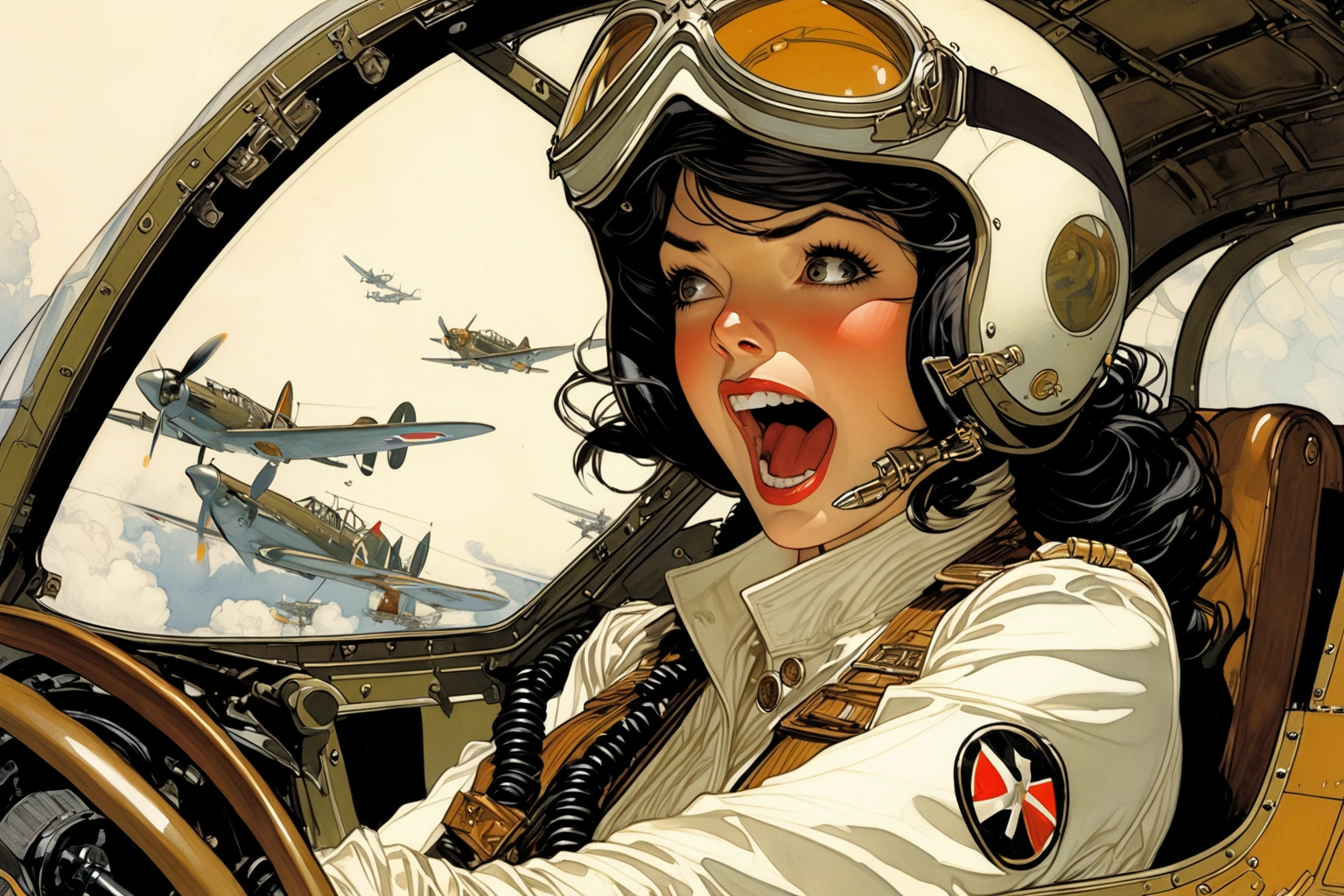 Female pilot, screaming, inside cockpit, ww2, art by J.C. Leyendecker. Style by Masamune Shirow