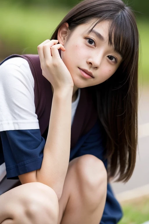 Beautiful and cute Japanese junior high school girl caresses the penis of a middle-aged man while completely naked