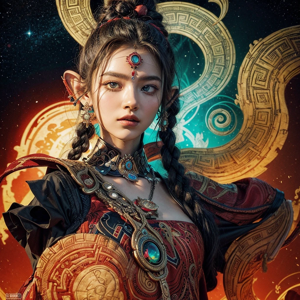 Simbolo da supremacia maya explosive, supernatural painting of a shape-shifting deity, adorned with chaotic and omnipresent Mayan motifs, piercing eyes, a breathtaking amalgam of art and captivating photo collage, Mesmerizing poster design:: woody tone:: its appearance exuded the enigmatic allure of ancient Mayan minimalism fused with cosmic chaos:: --ar 9:16 --s 963 --c 9 --q 2 --v 5