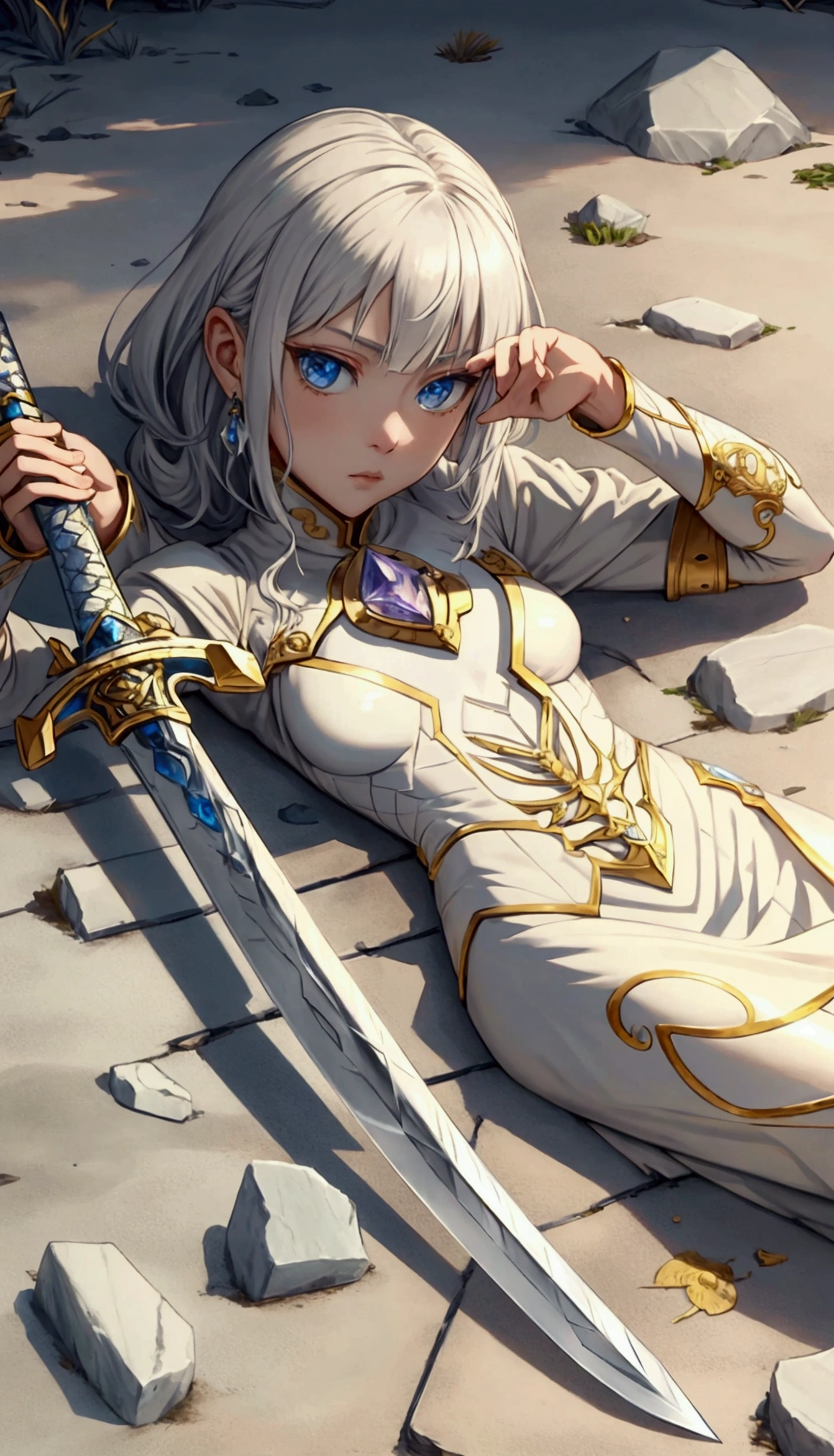(outstanding、professional、Surreal)、detailed sword, Ivory texture,gemstone setting,Broken texture,lying on the ground