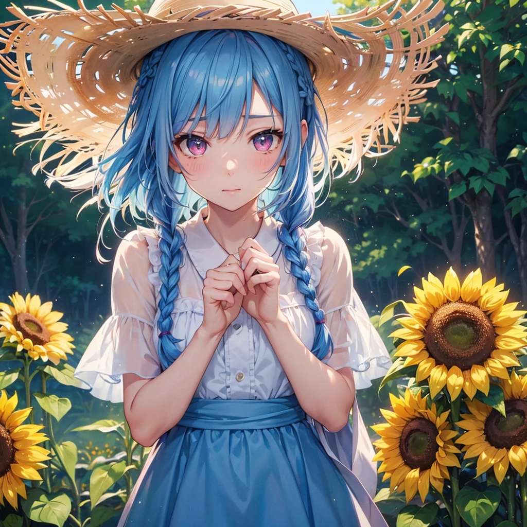 (Sky blue medium hair:1.2),(Braiding:1.2),(Pink Eyes),Fair skin ,(whole body),(One Girl),buzzer,Sunflower field,Straight bangs,Wipe away sweat,Wink,Straw hat,(masterpiece, Highest quality, Very detailed, Best Shadow), (Detailed Background), (Beautifully detailed face), High Contrast, (Best lighting, Very delicate and beautiful), ((Cinematic Light)), colorful, Hyper Detail, Dramatic Light, Intricate details,buzzerの暑い日差し,