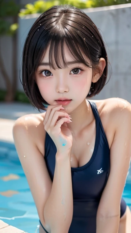 one girl, (a beauty girl, delicate girl:1.3), (12 years old:1.3),((Wet school swimsuit)) (Navy school swimsuit:1.3),((Cute pose)) ,Very detailedな明瞭さ, (Symmetrical eyes:1.3), (School swimming pool, indoor:1.3), Small breasts, Brown eyes, ((very beautiful short black hair)),((Pixie Cut))、 Brown Hair, girl,, (Eye and facial details:1.0),, (masterpiece, Highest quality, Very detailed, Detailed face, 8k)