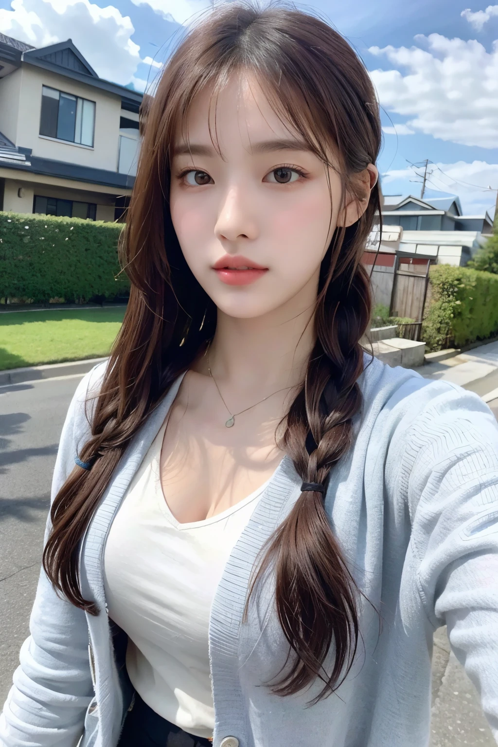 (Real, High Resolution: 1.3), 1 girl with perfect body, H1-KEY HWISEO, ((h1-key hwiseo)), Selfie angle, Close-up, A young woman with braided hair and a cardigan is walking down a suburban street. She has a bright and attractive look. In the background are houses and utility poles, and the slightly cloudy sky creates a soft and calming atmosphere.